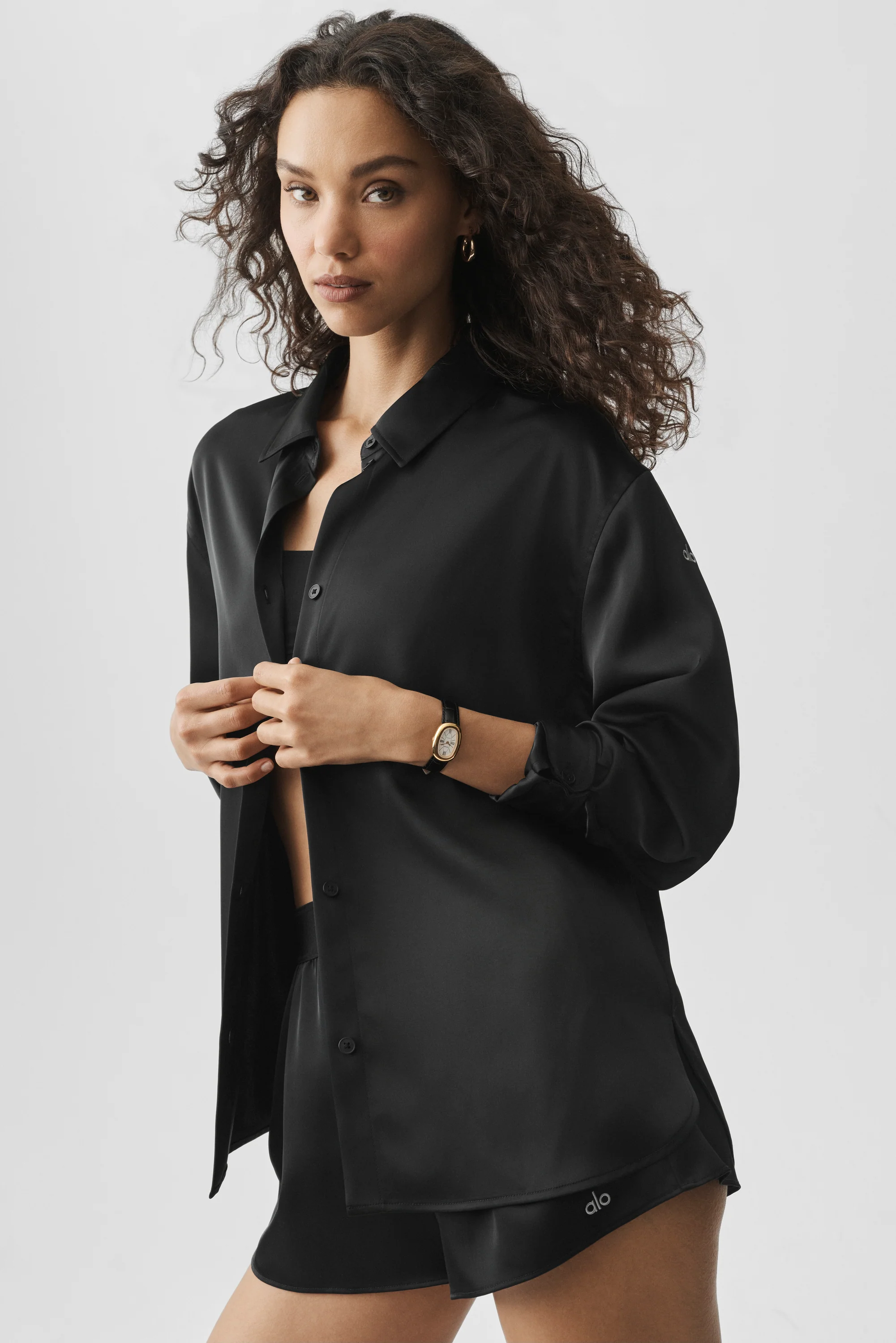 Satin Smooth Talker Button-Up Hemd in Schwarz