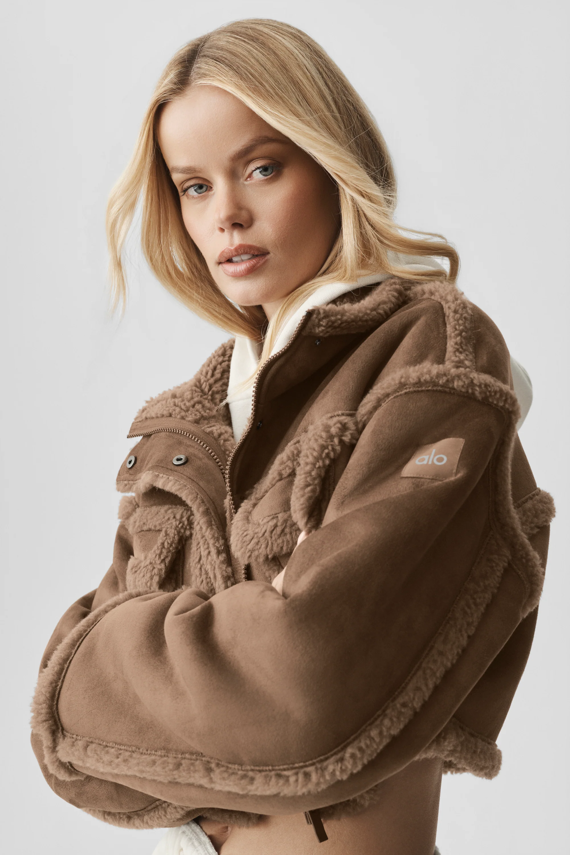 Faux Shearling Snowfall Cropped Jacket in Java Brown