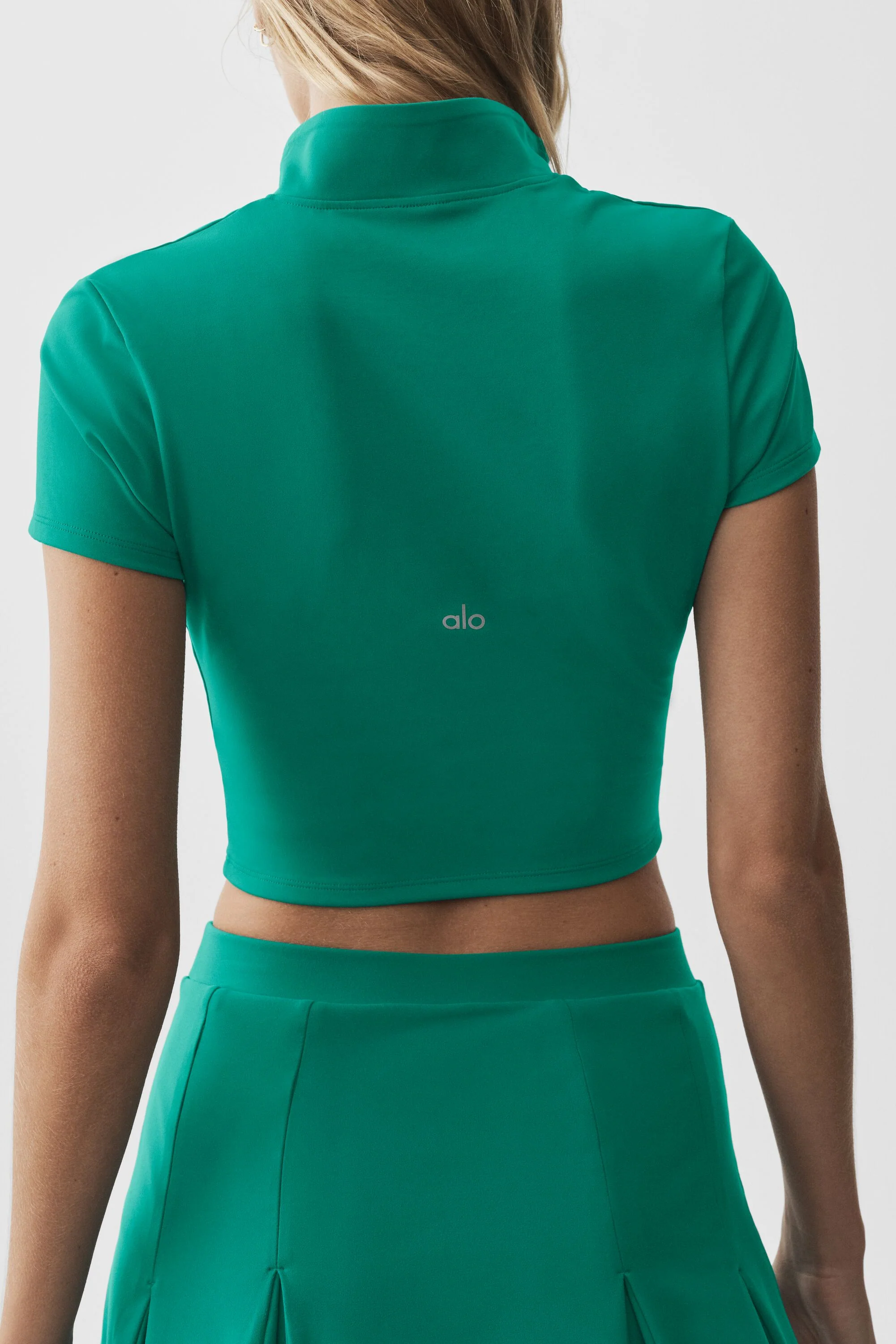 ALO Softsculpt Full Zip Short Sleeve Top in Emerald Isle