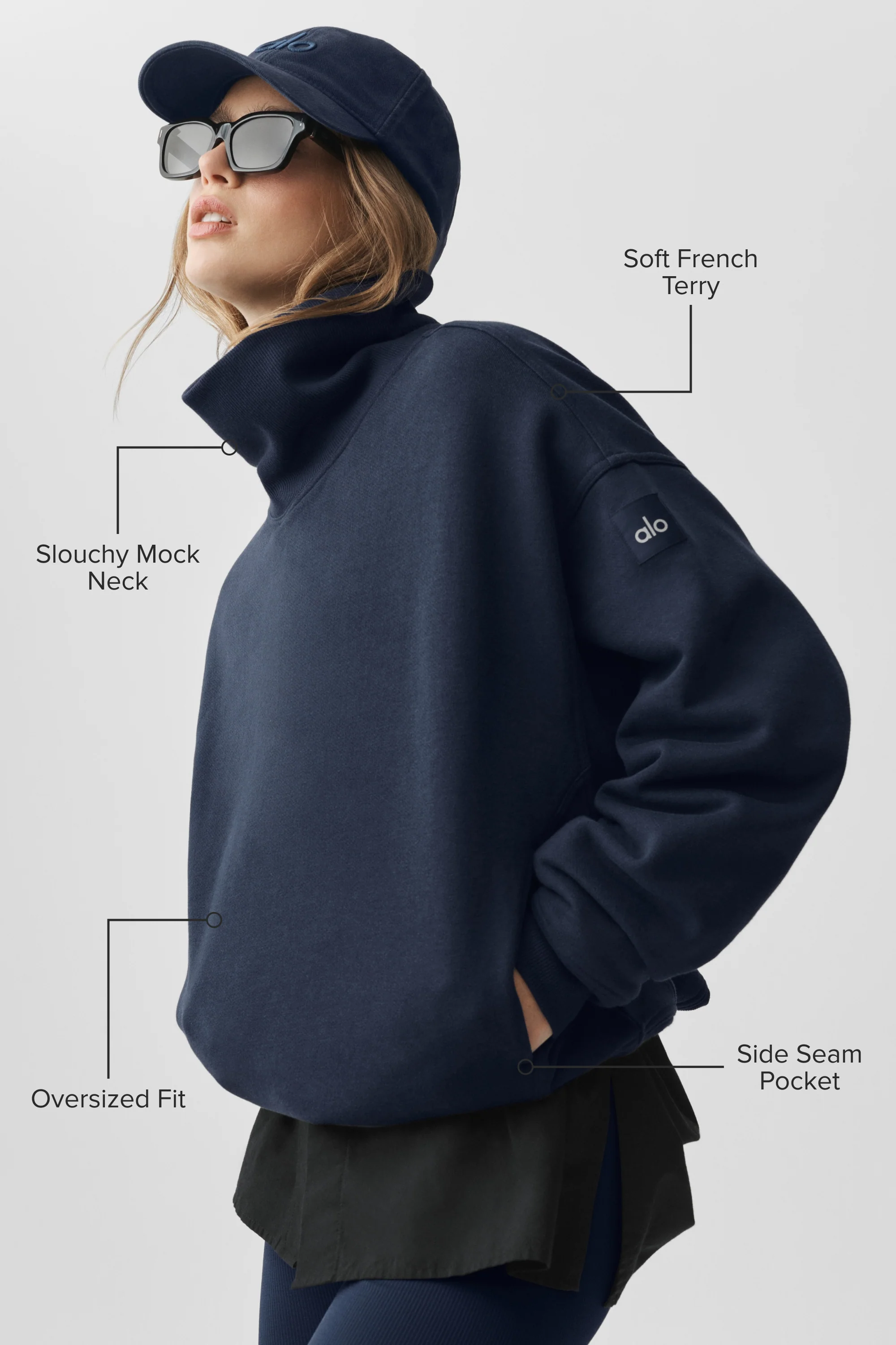 Hazy Mock Neck Pullover in Navy with an Oversized Fit