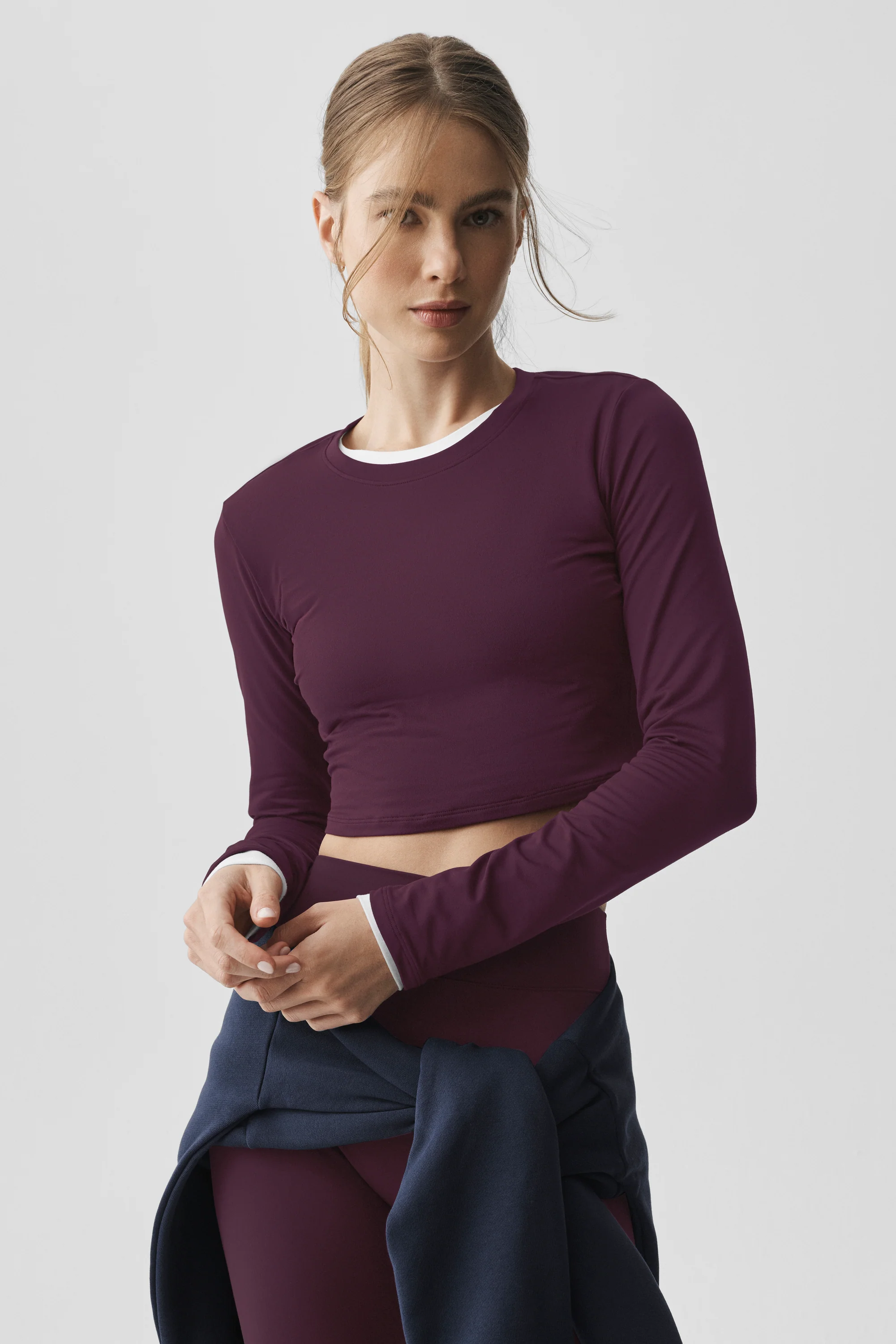 Alosoft Crop Finesse Long Sleeve Top in Rich Bordeaux
