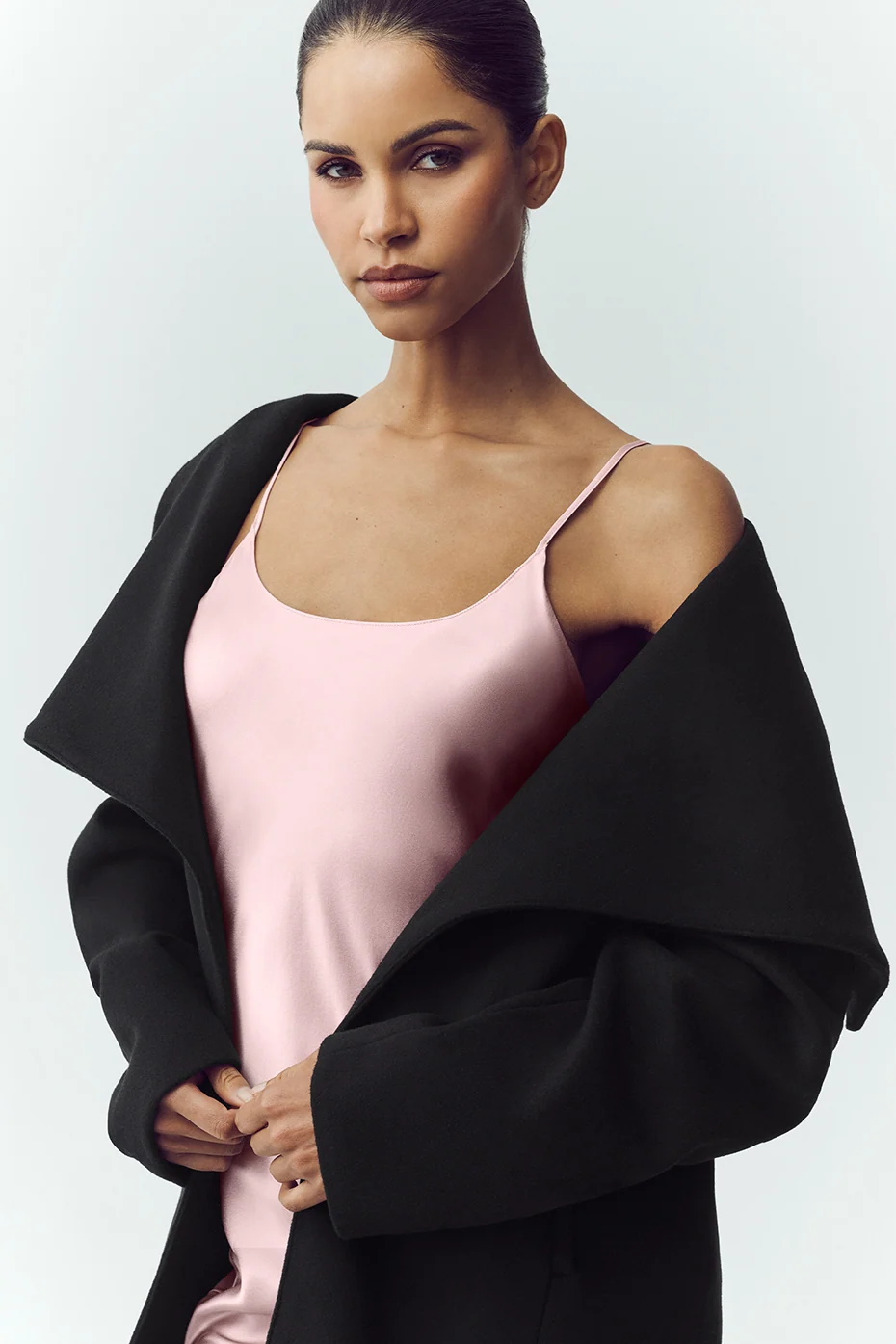Wool Blend Nightfall Long Coat in Black with Padded Shoulders