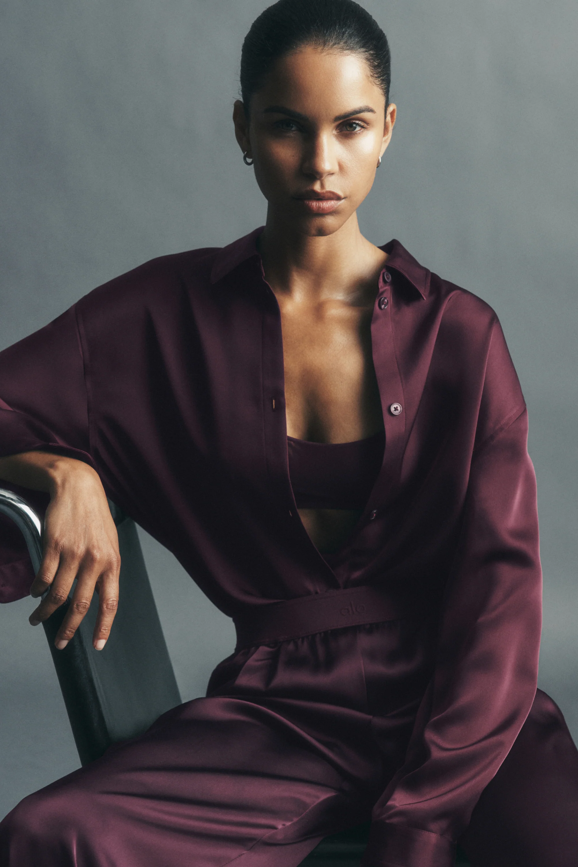 Satin Smooth Talker Button Up Shirt in Rich Bordeaux