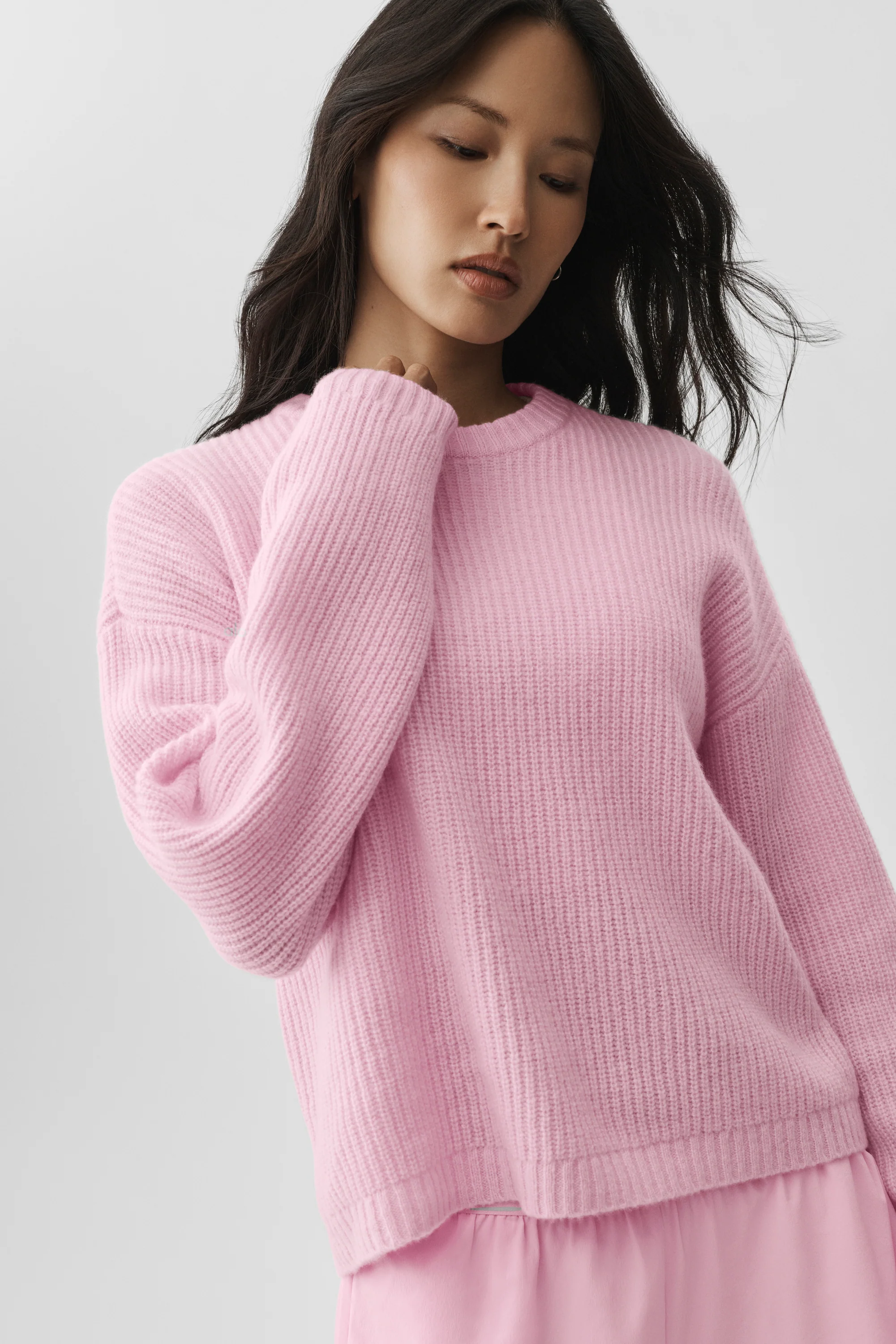 Pull col rond côtelé en laine et cachemire Noble rose Marshmallow