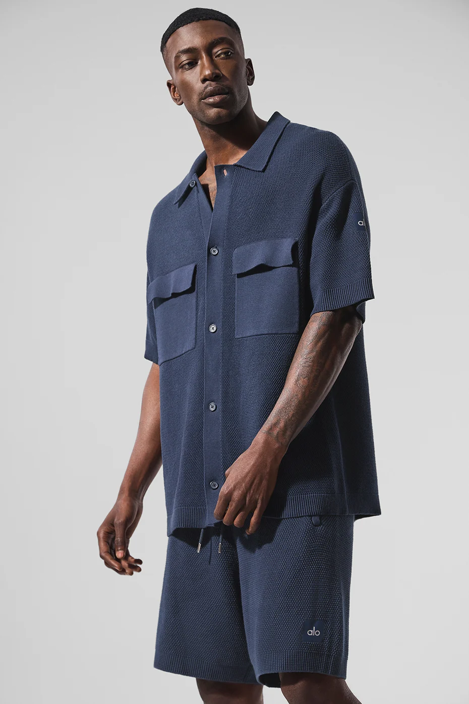 Sports Club Sweater Knit Short Sleeve Button Up in Navy