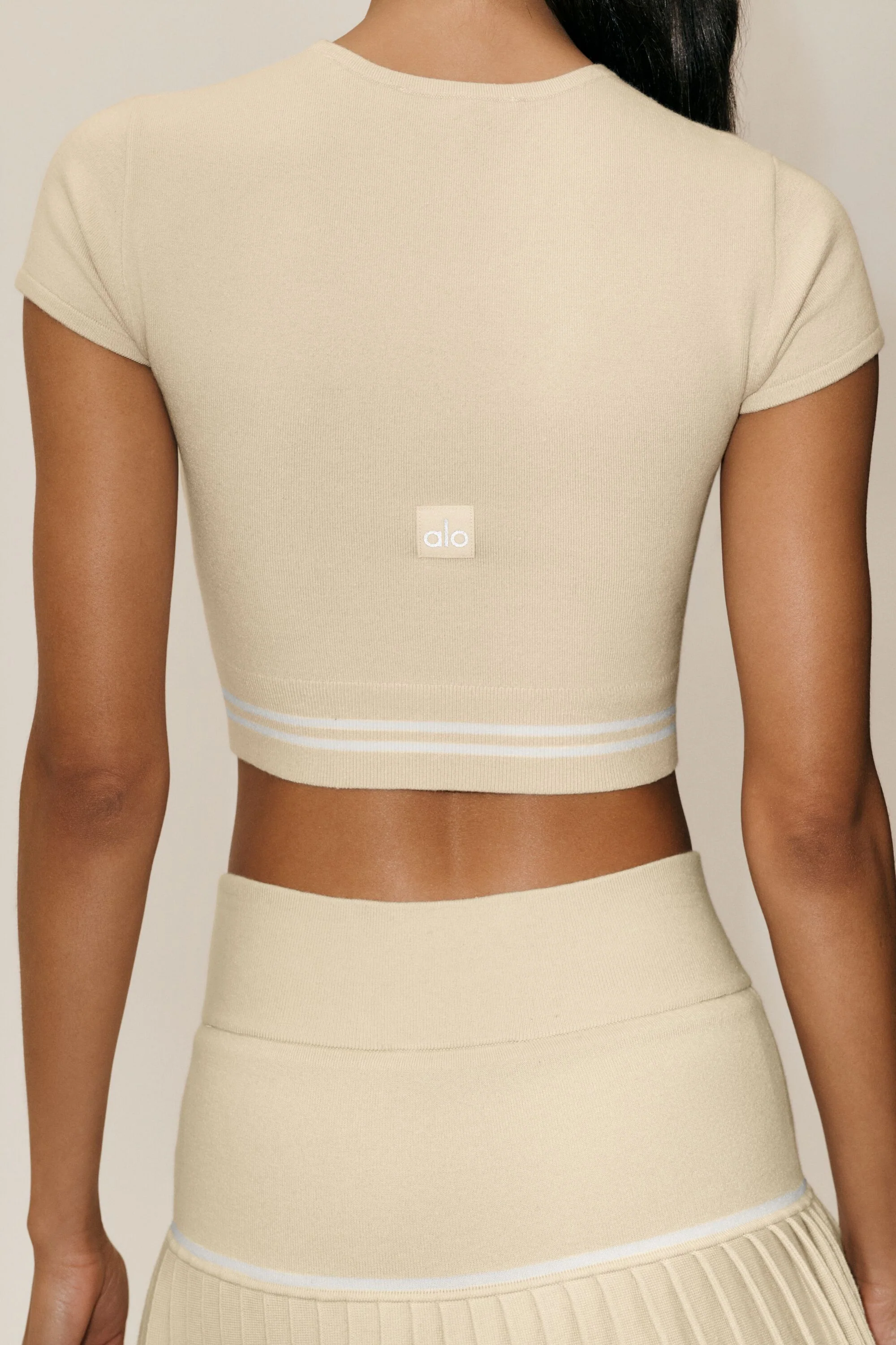 Cotton Cashmere My Serve Short Sleeve Top in Sandy Beige and White