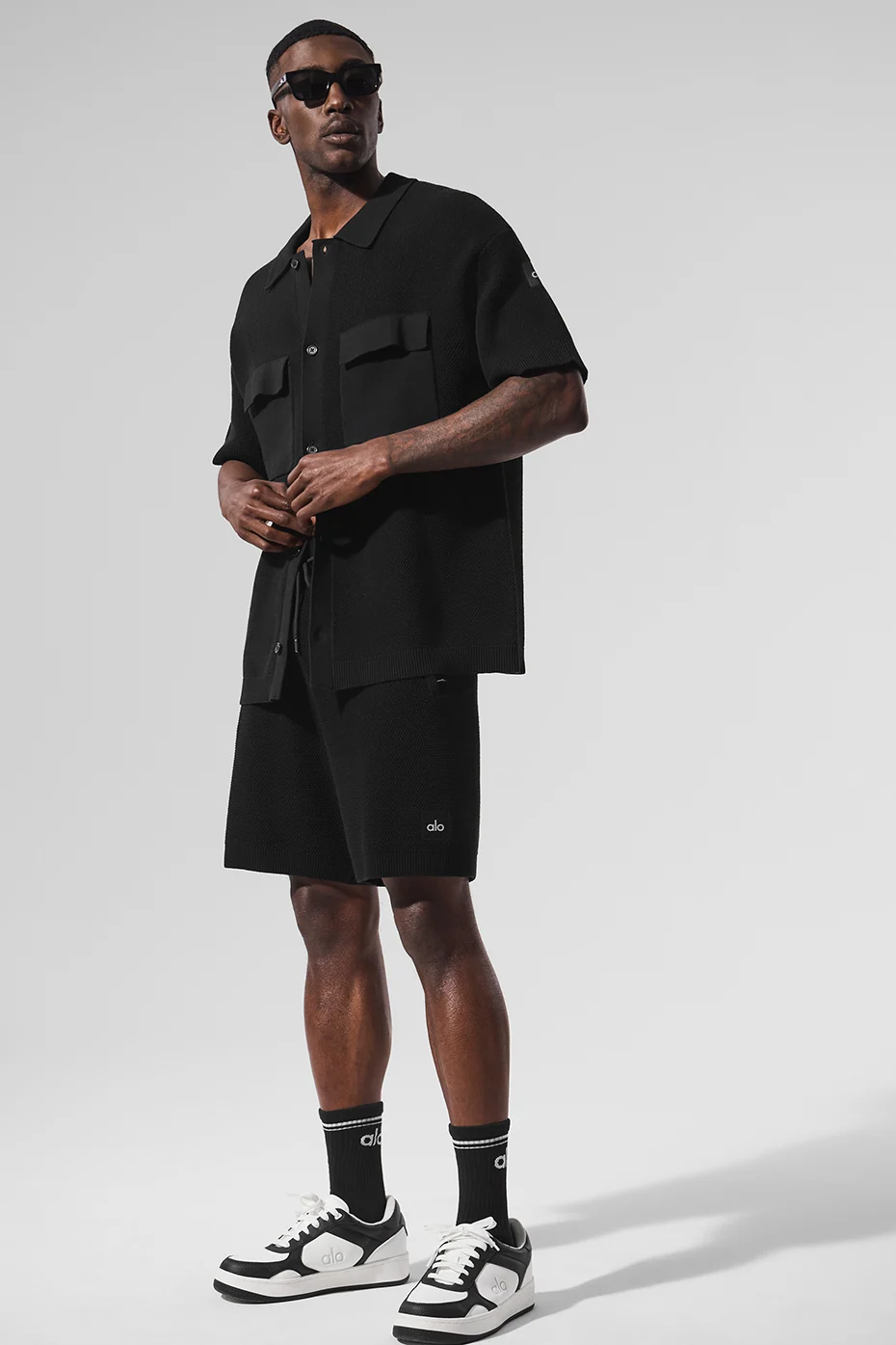 Sports Club Sweater Knit Short Sleeve Button Up in Black