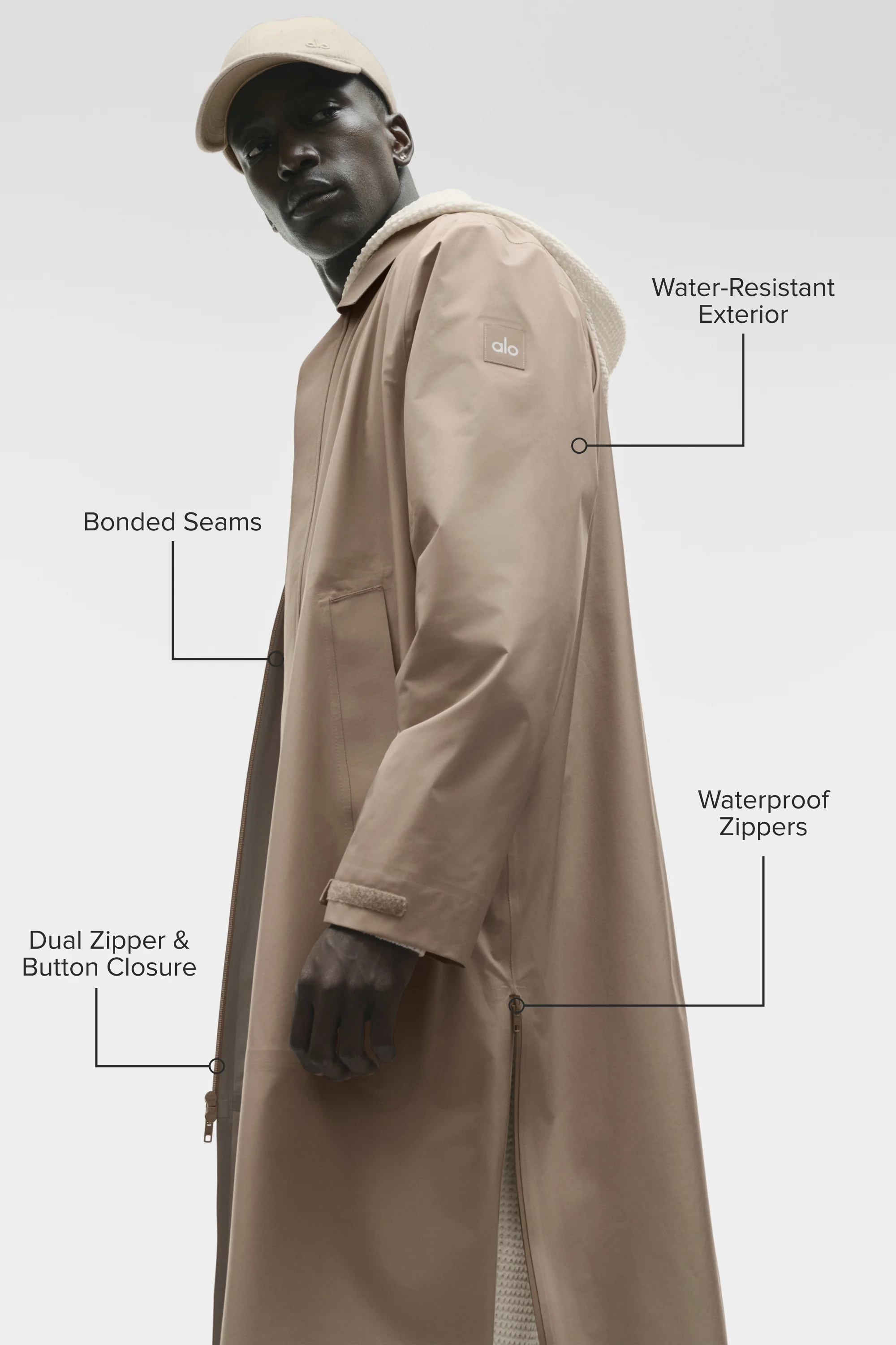 Alpha Shell Long Coat in Gravel with Waterproof Zippers