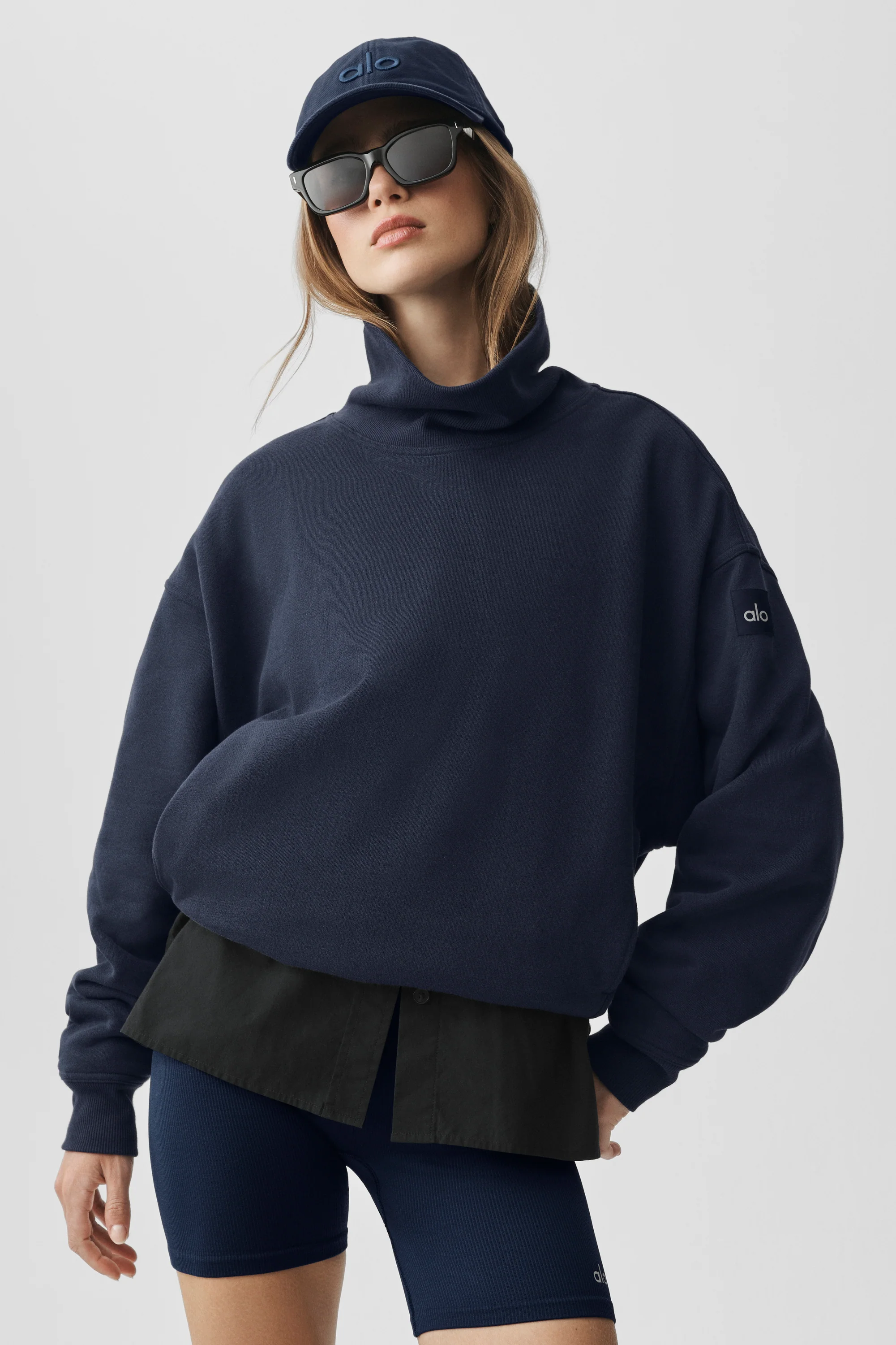 Hazy Mock Neck Pullover in Navy with an Oversized Fit