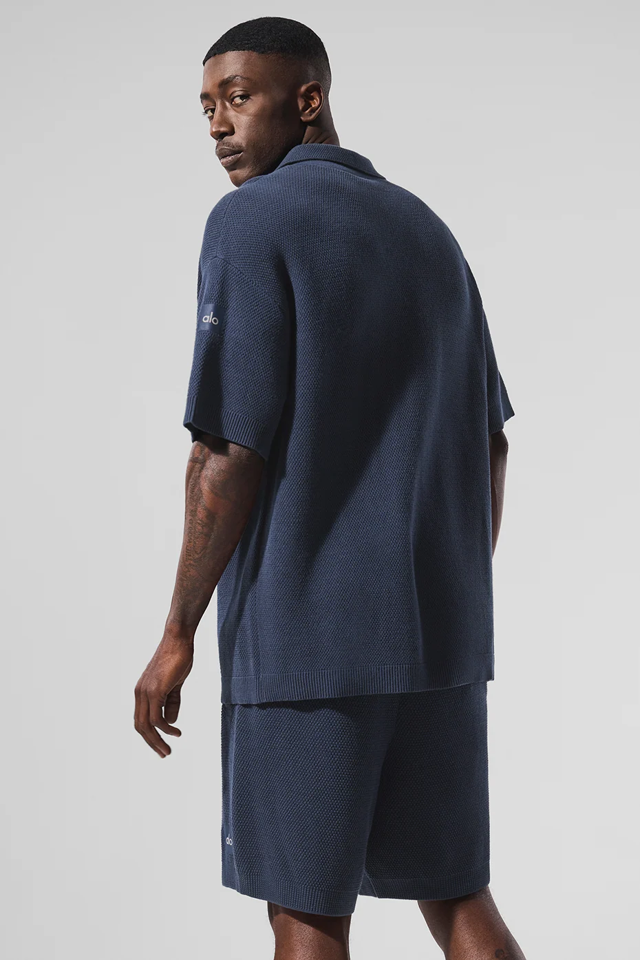 Sports Club Sweater Knit Short Sleeve Button Up in Navy