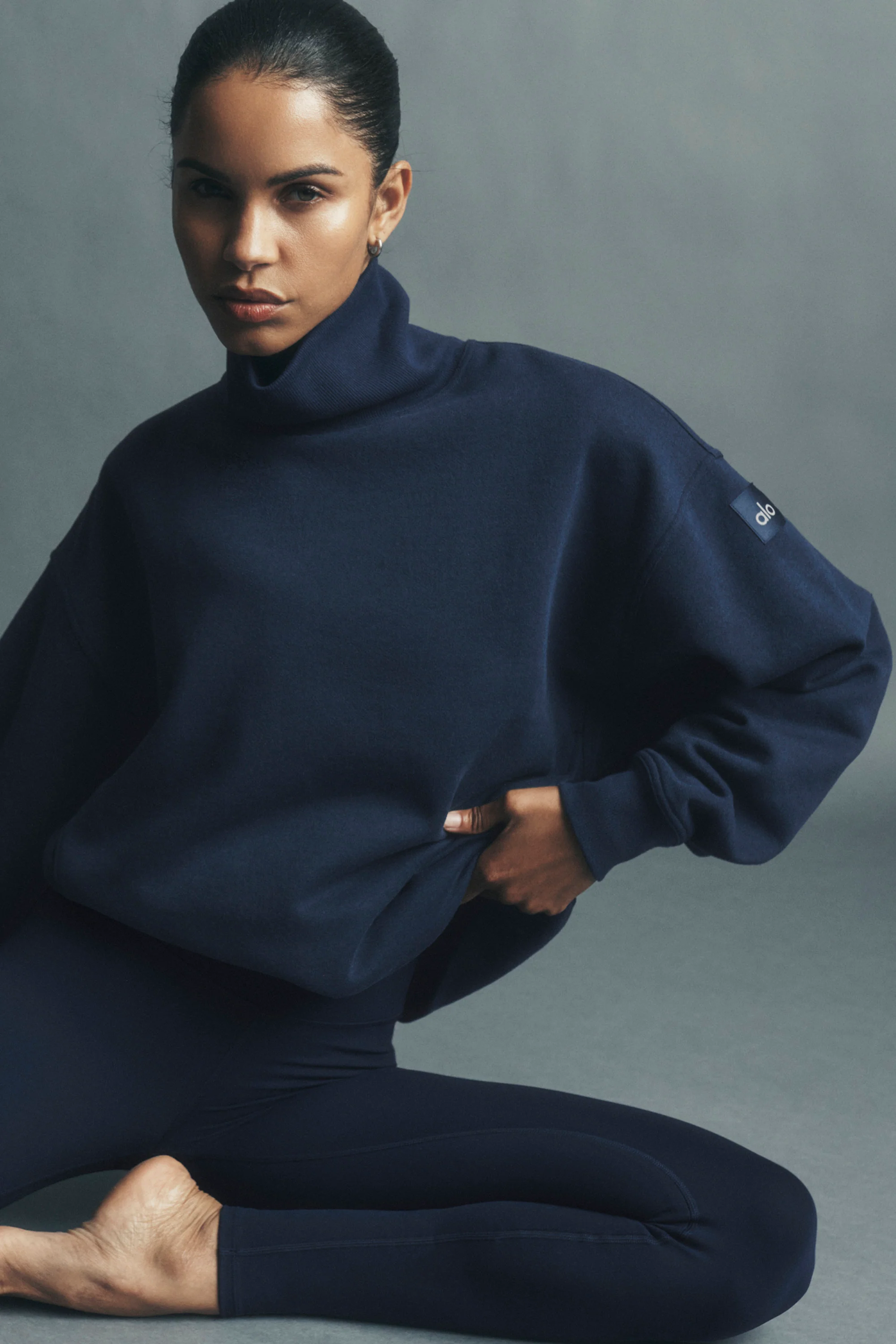 Hazy Mock Neck Pullover in Navy with an Oversized Fit
