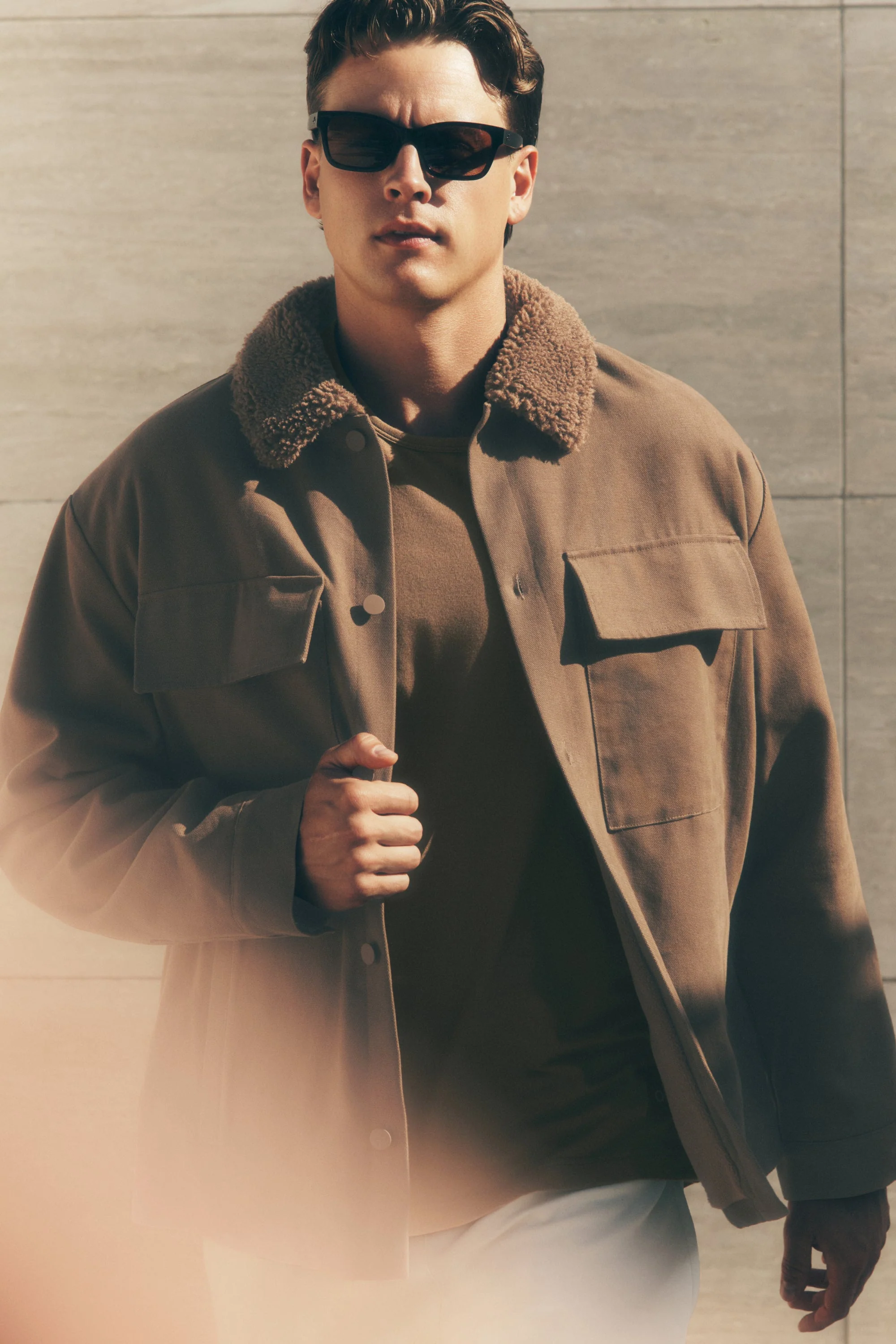Canvas Utility Shacket in Java Brown with Sherpa Collar