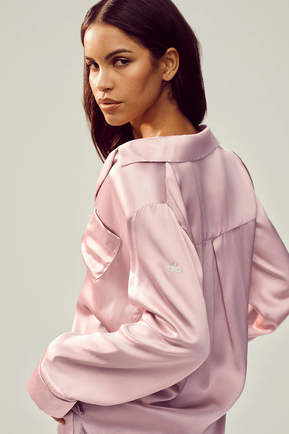Silk Luminous Button Up in Pink Champagne with Relaxed Tailoring
