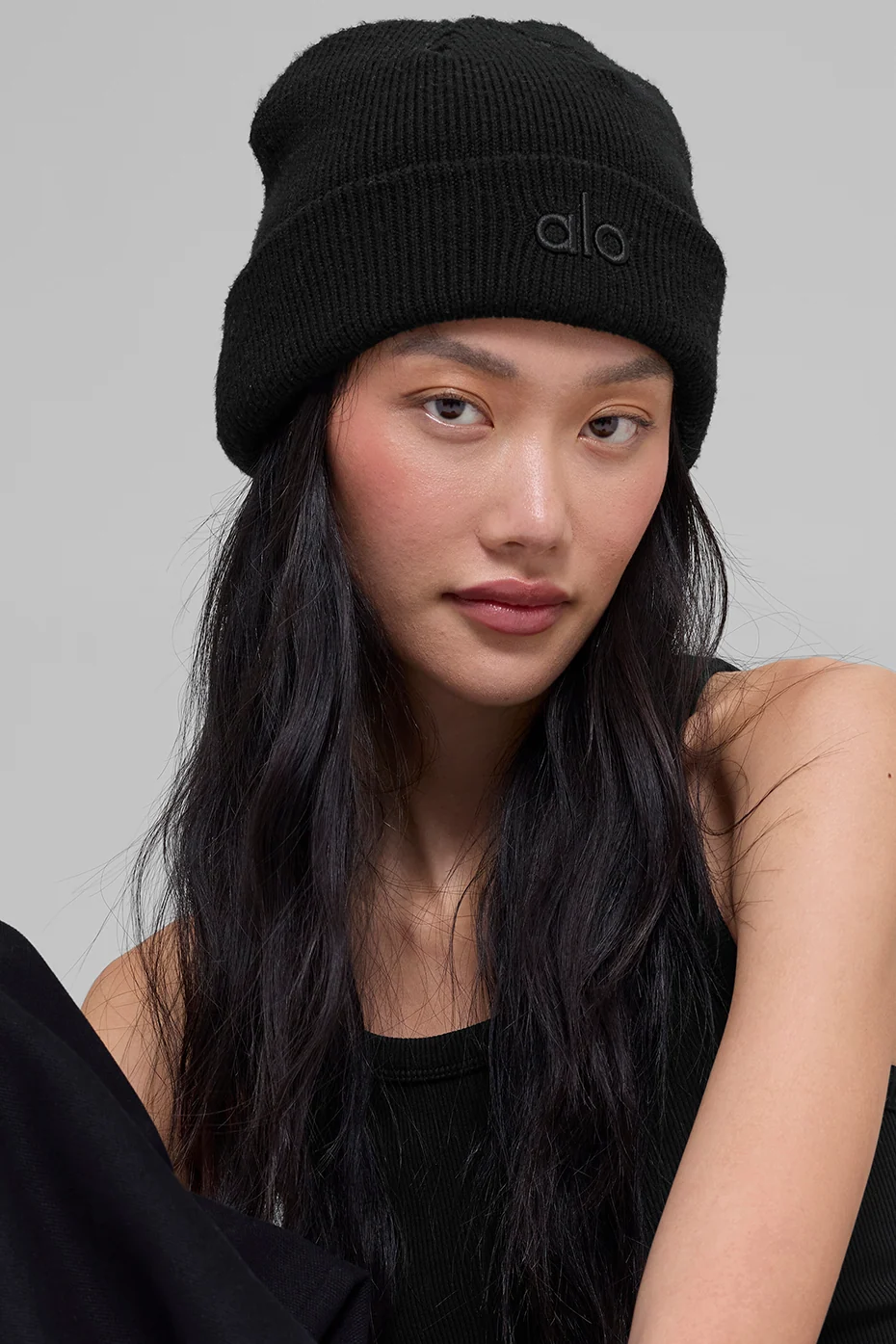 Notable Beanie in Black/Black Ribbed Knit with ALO Logo