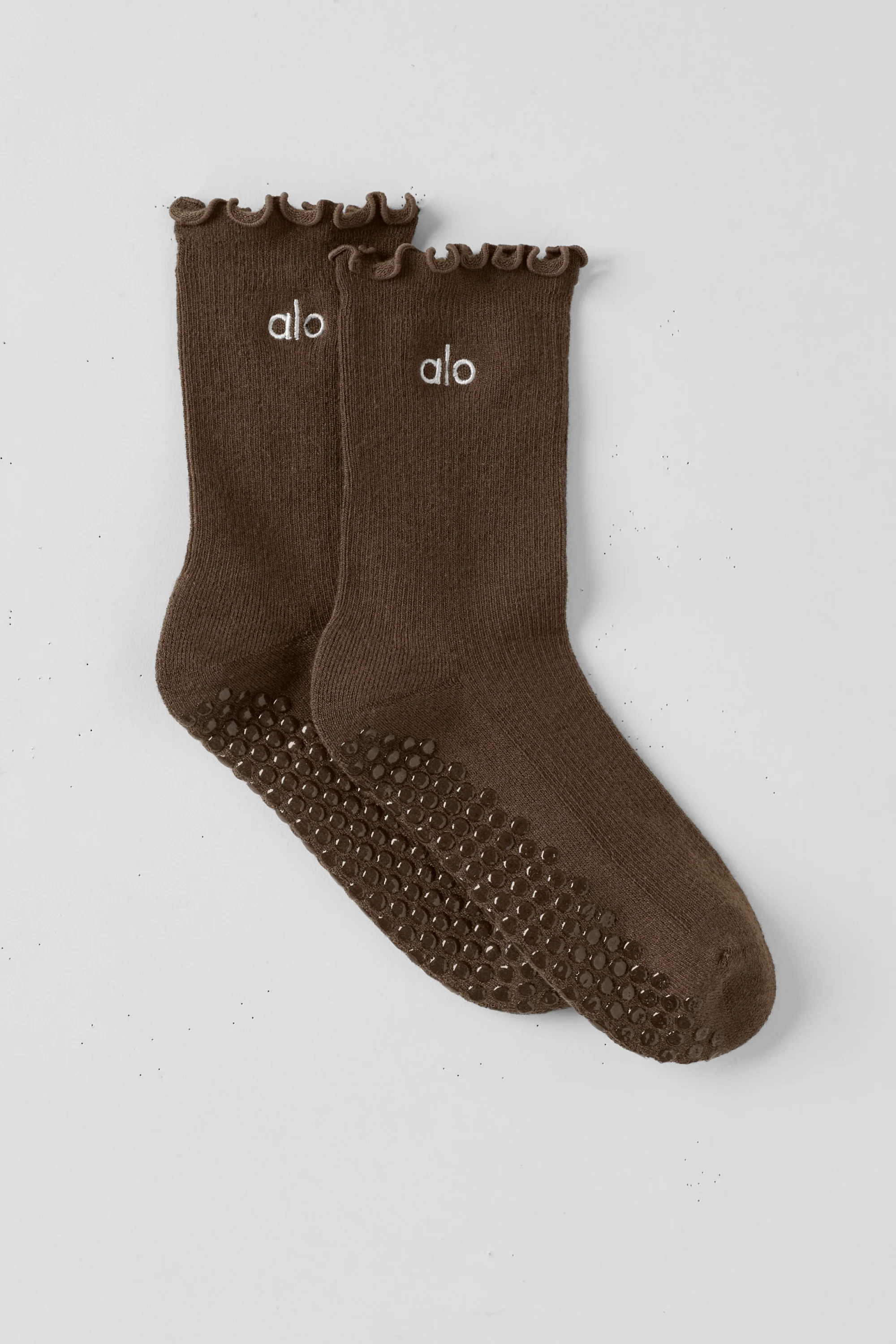 Lettuce Edge Grip Sock in Espresso with Ruffled Trim
