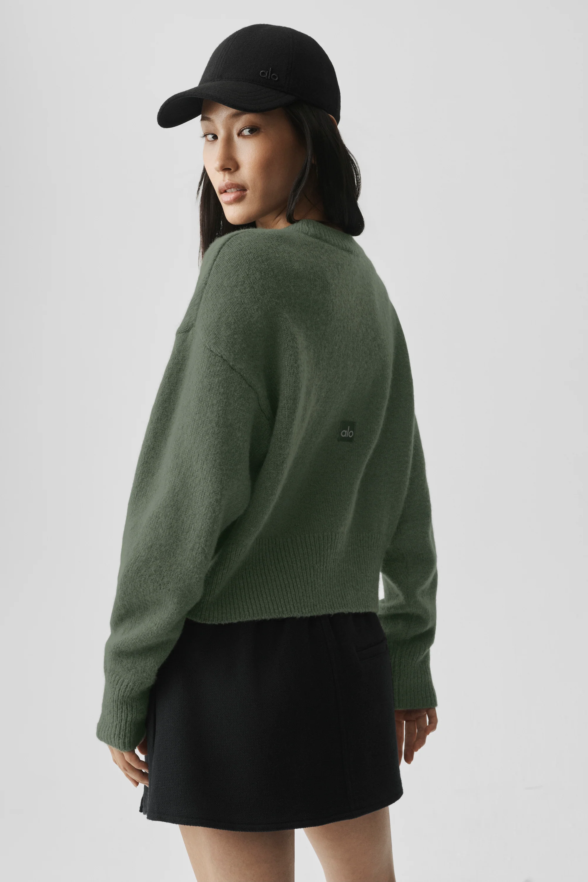Wool Cashmere Cropped New Class Crewneck Sweater in Bamboo Green
