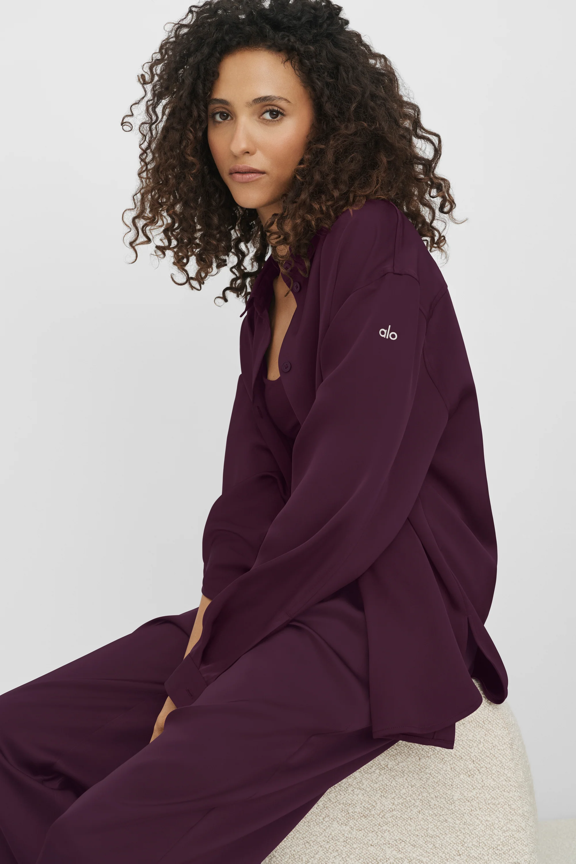 Satin Smooth Talker Button Up Shirt in Rich Bordeaux
