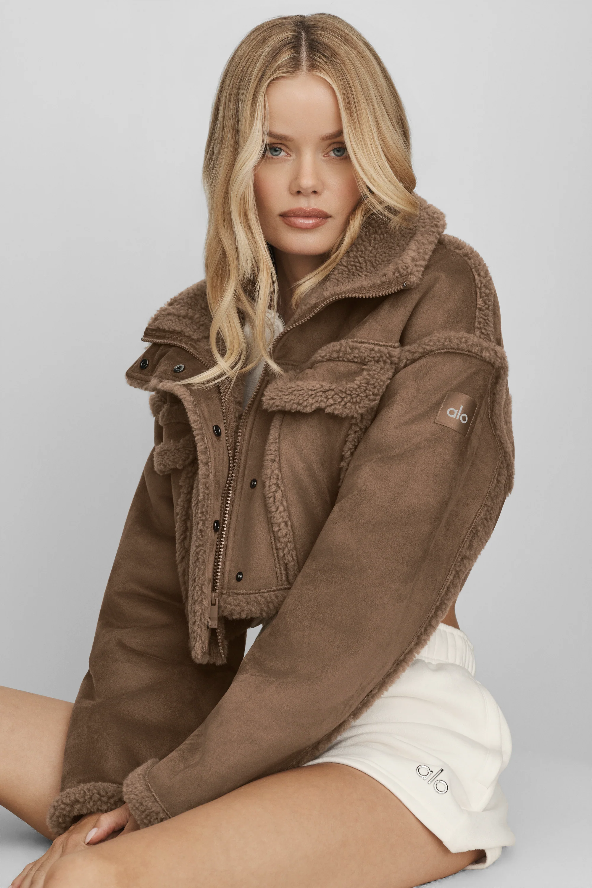 Faux Shearling Snowfall Cropped Jacket in Java Brown