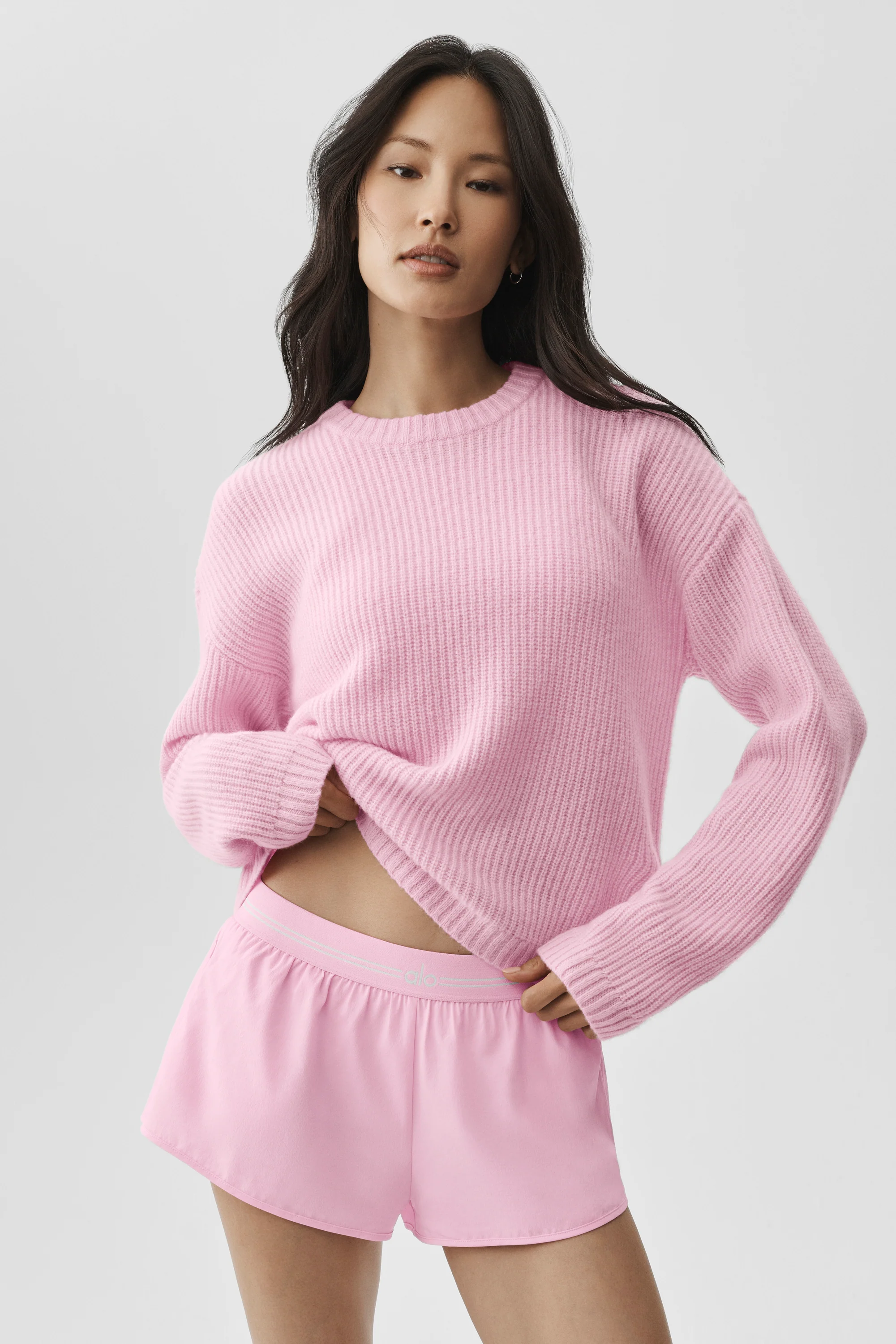 Wool Cashmere Ribbed Noble Crewneck Sweater in Pink Marshmallow