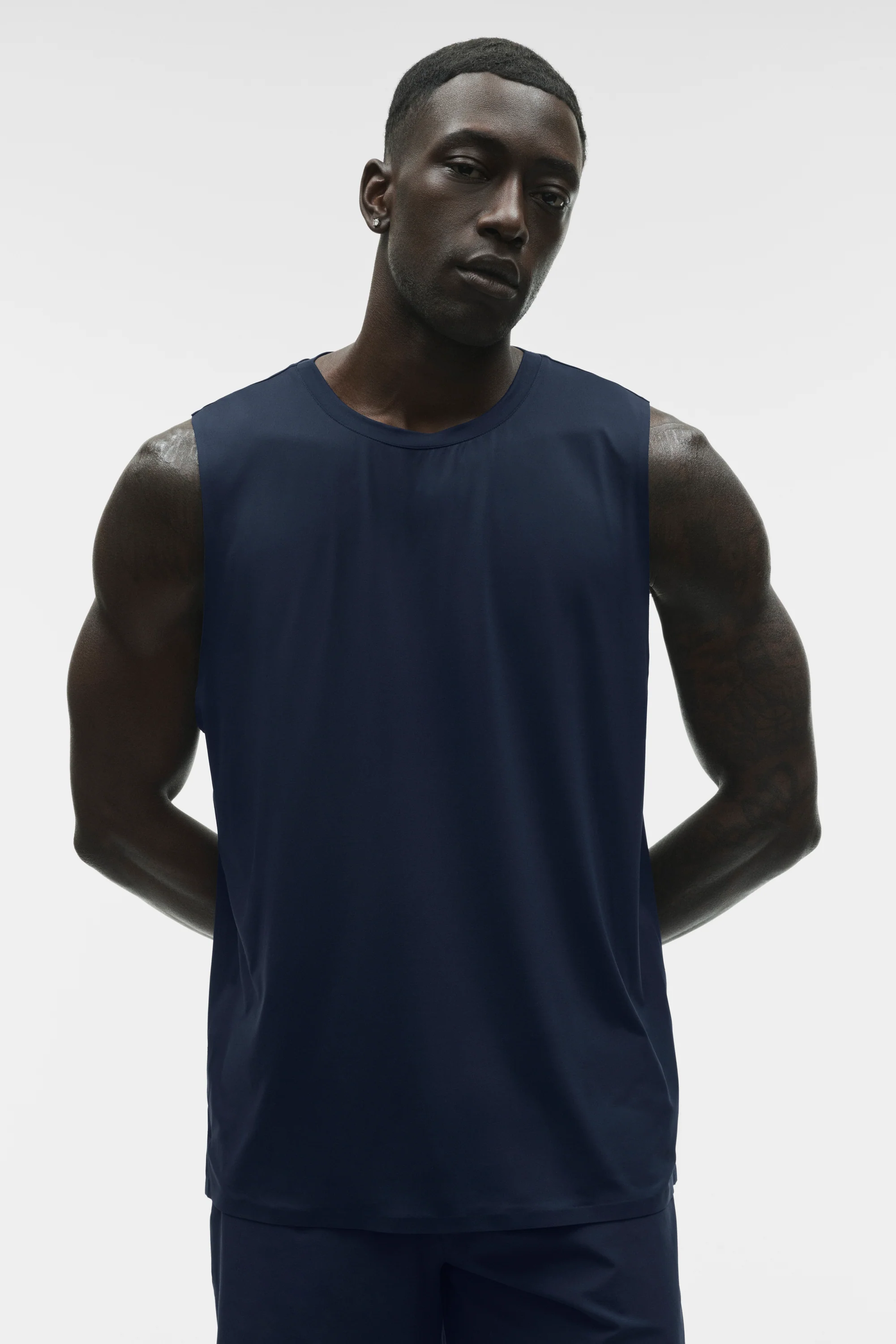 Idol Muscle Tank in Navy with Reflective Hem Details