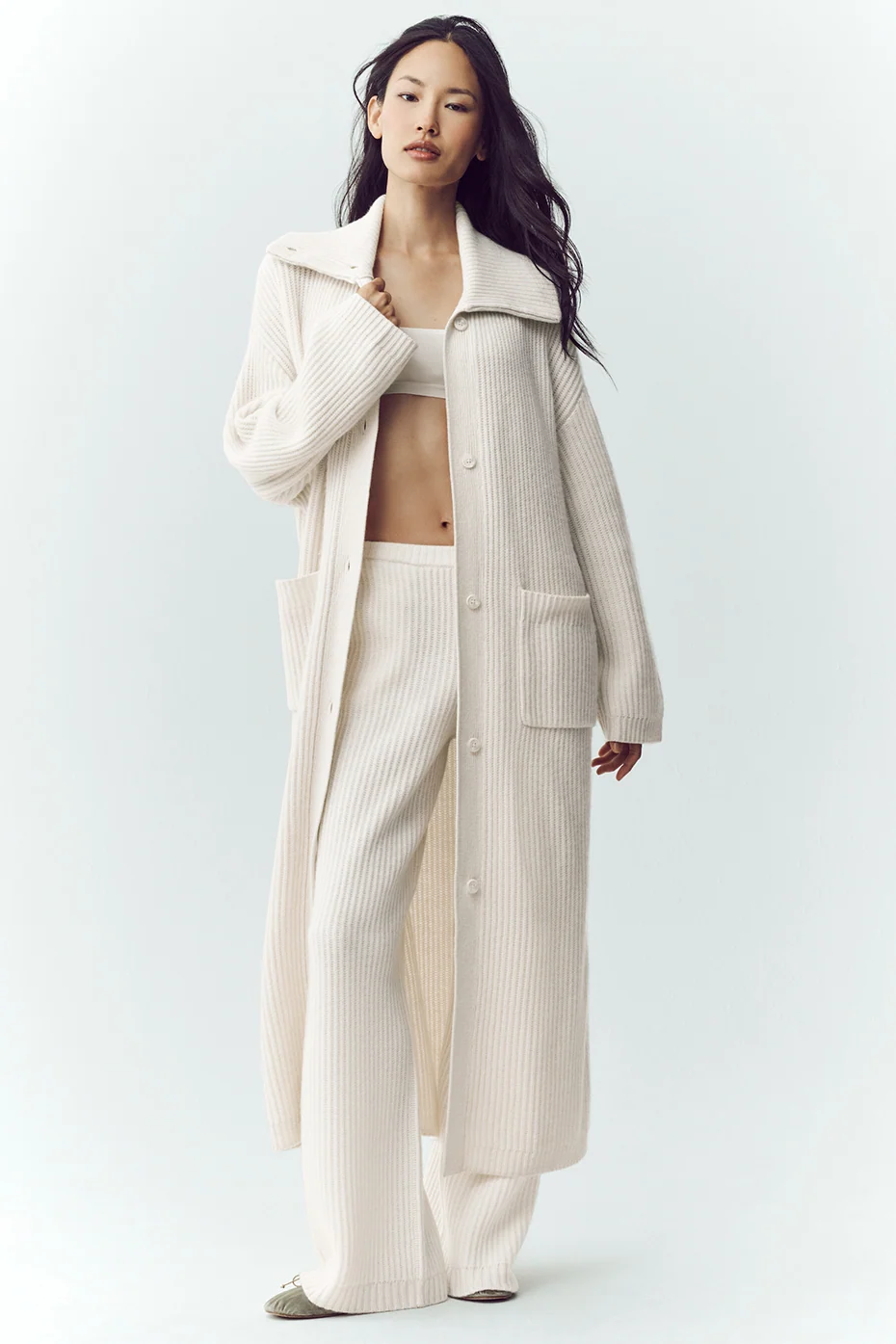 Cashmere Northstar Long Cardigan in Ivory with Exaggerated Collar