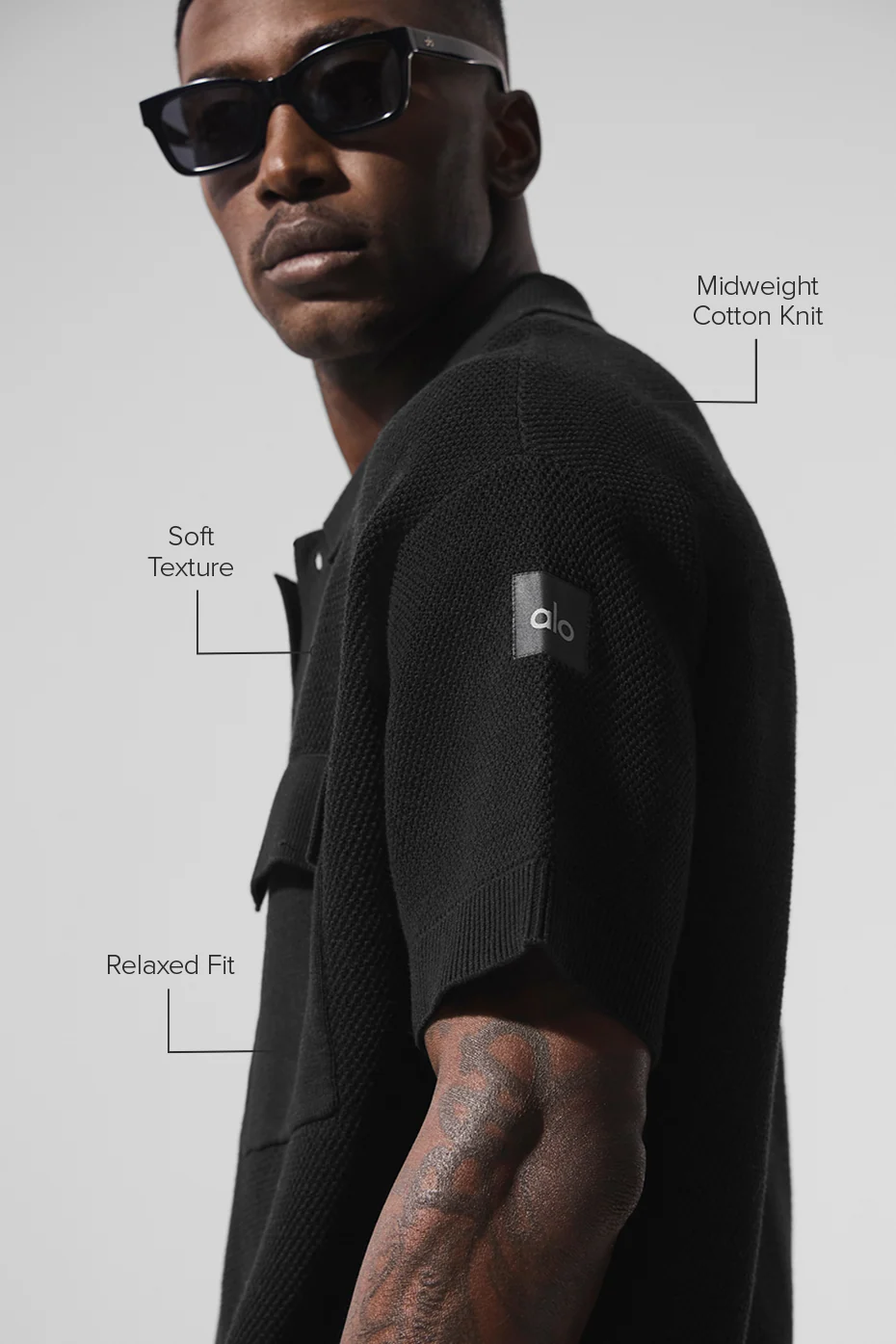 Sports Club Sweater Knit Short Sleeve Button Up in Black