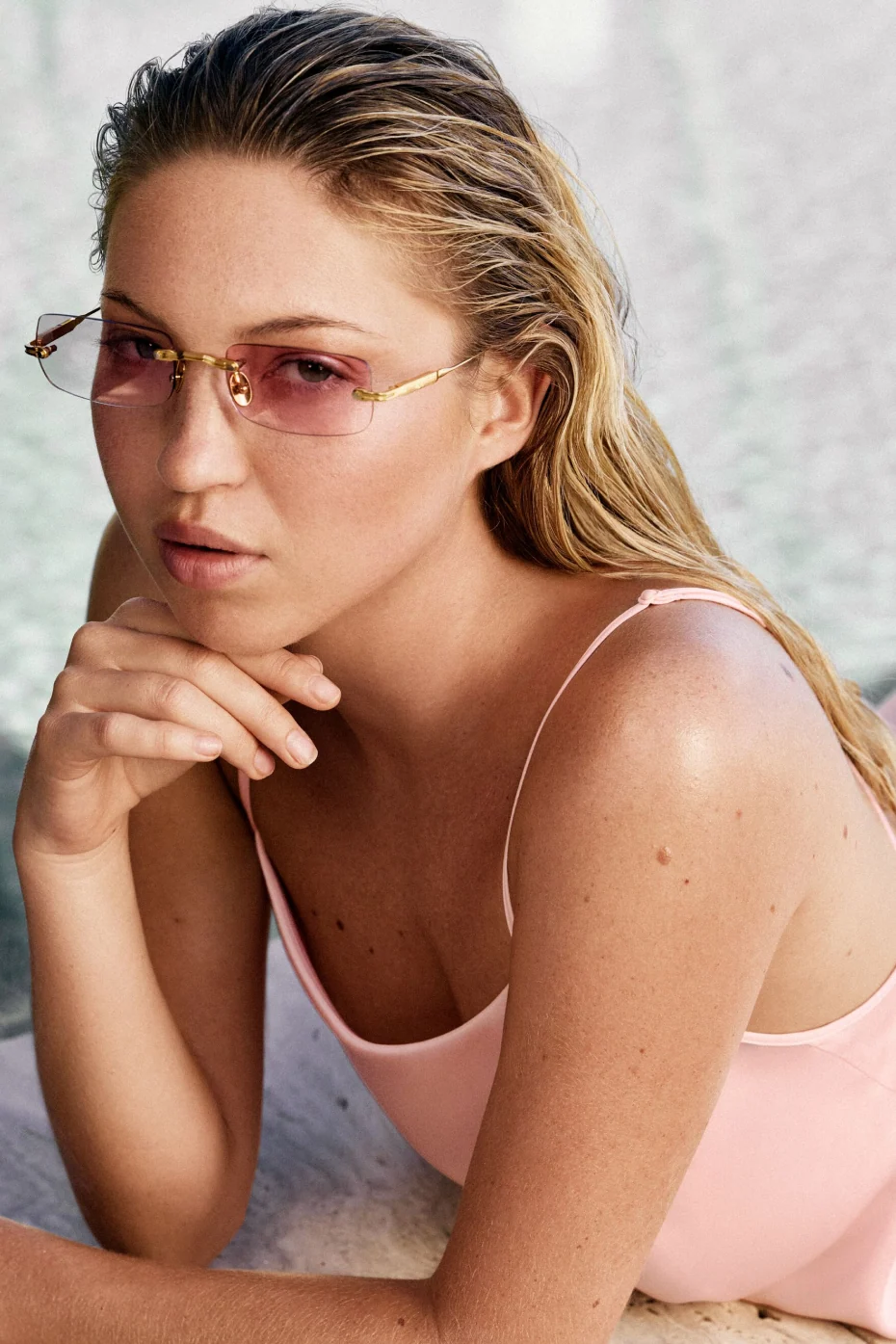 ALO Wire Frame Sunglasses Gold Titanium with Pink Gradient Lenses