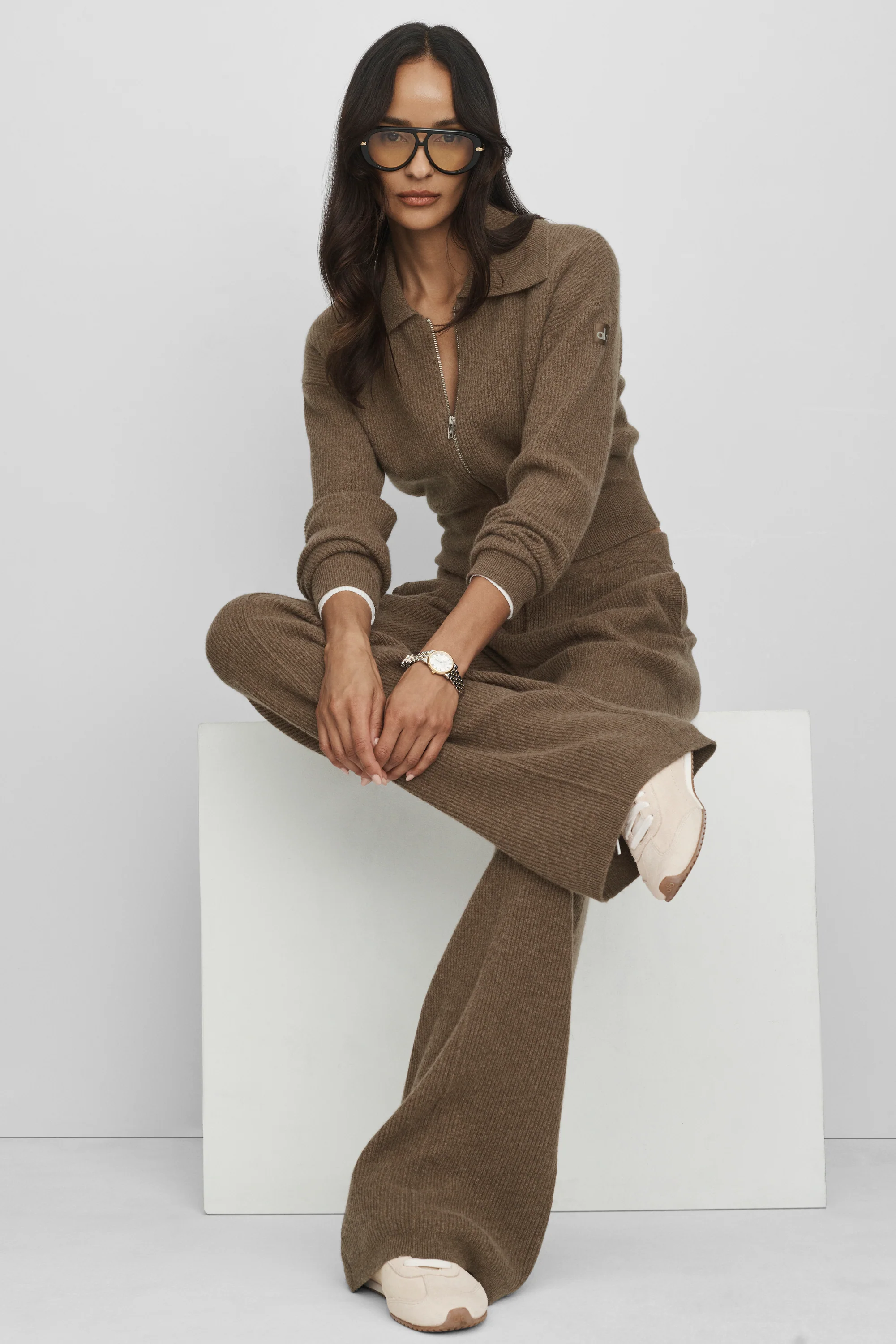 Cashmere Wool Low-Rise Harmony Trouser in Java Brown Heather, Long Length