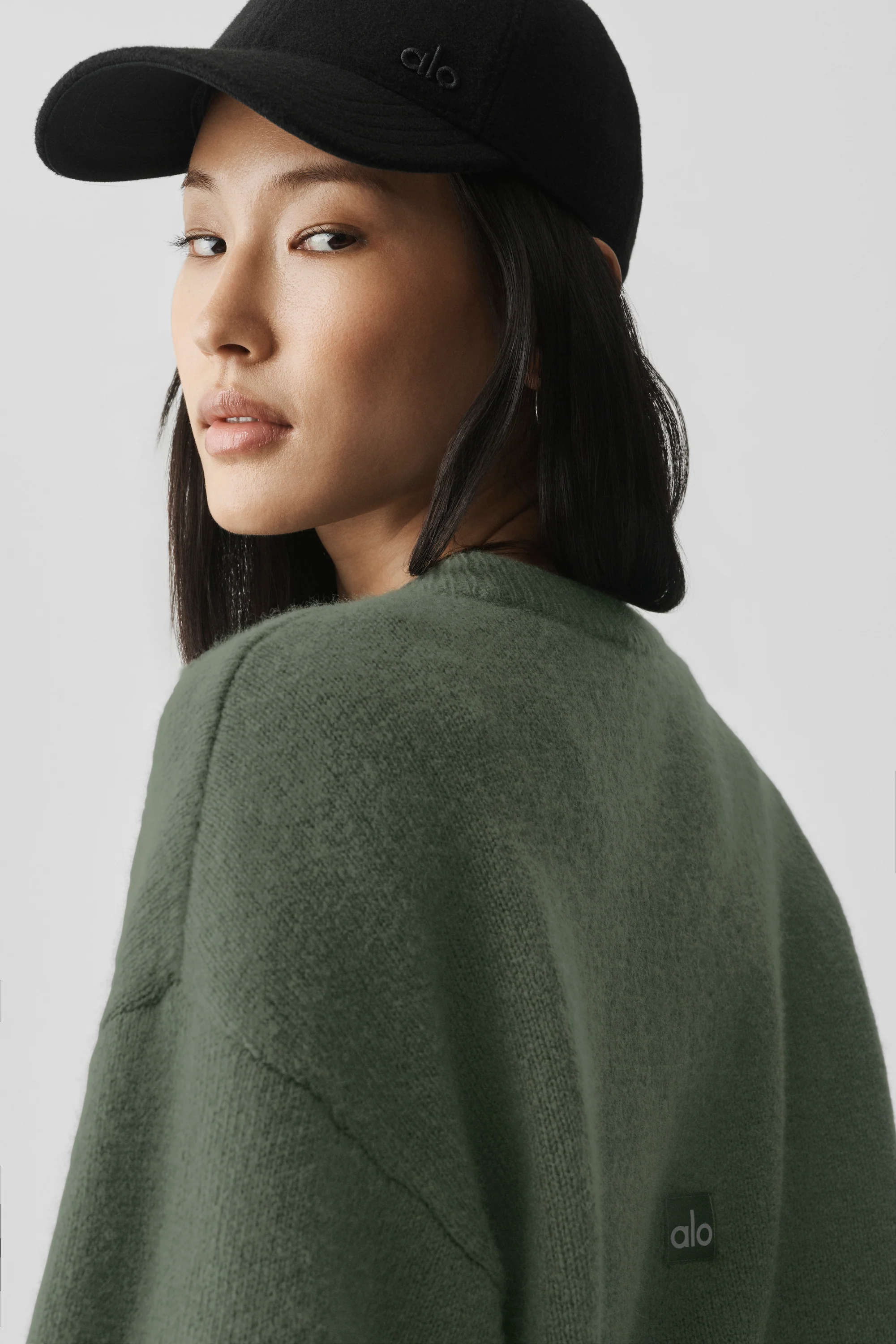 Wool Cashmere Cropped New Class Crewneck Sweater in Bamboo Green
