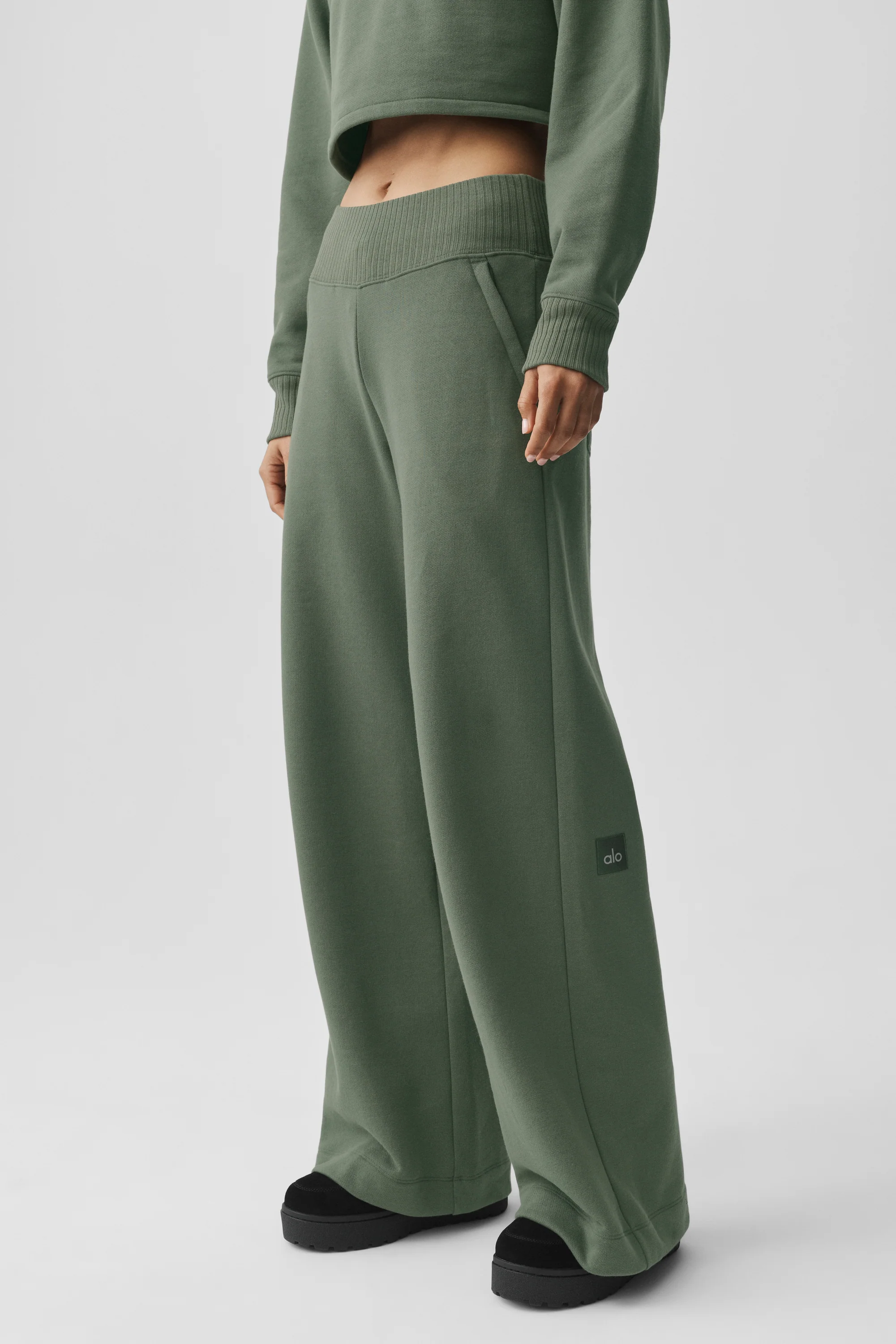 Serenity Wide Leg Sweatpant in Bamboo Green for Post-Workout Ease