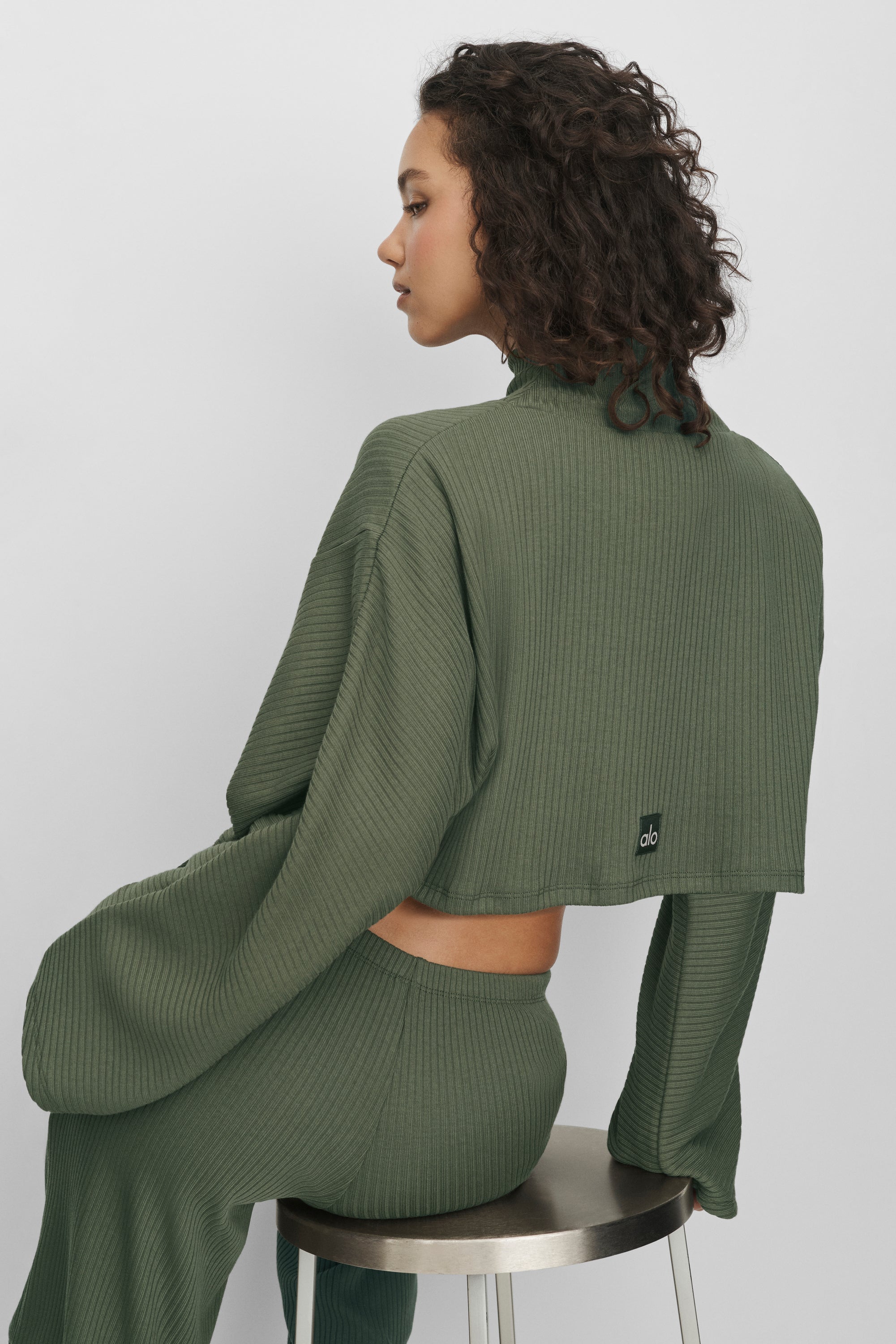 Ribbed Cropped Reset Long Sleeve in Bamboo Green