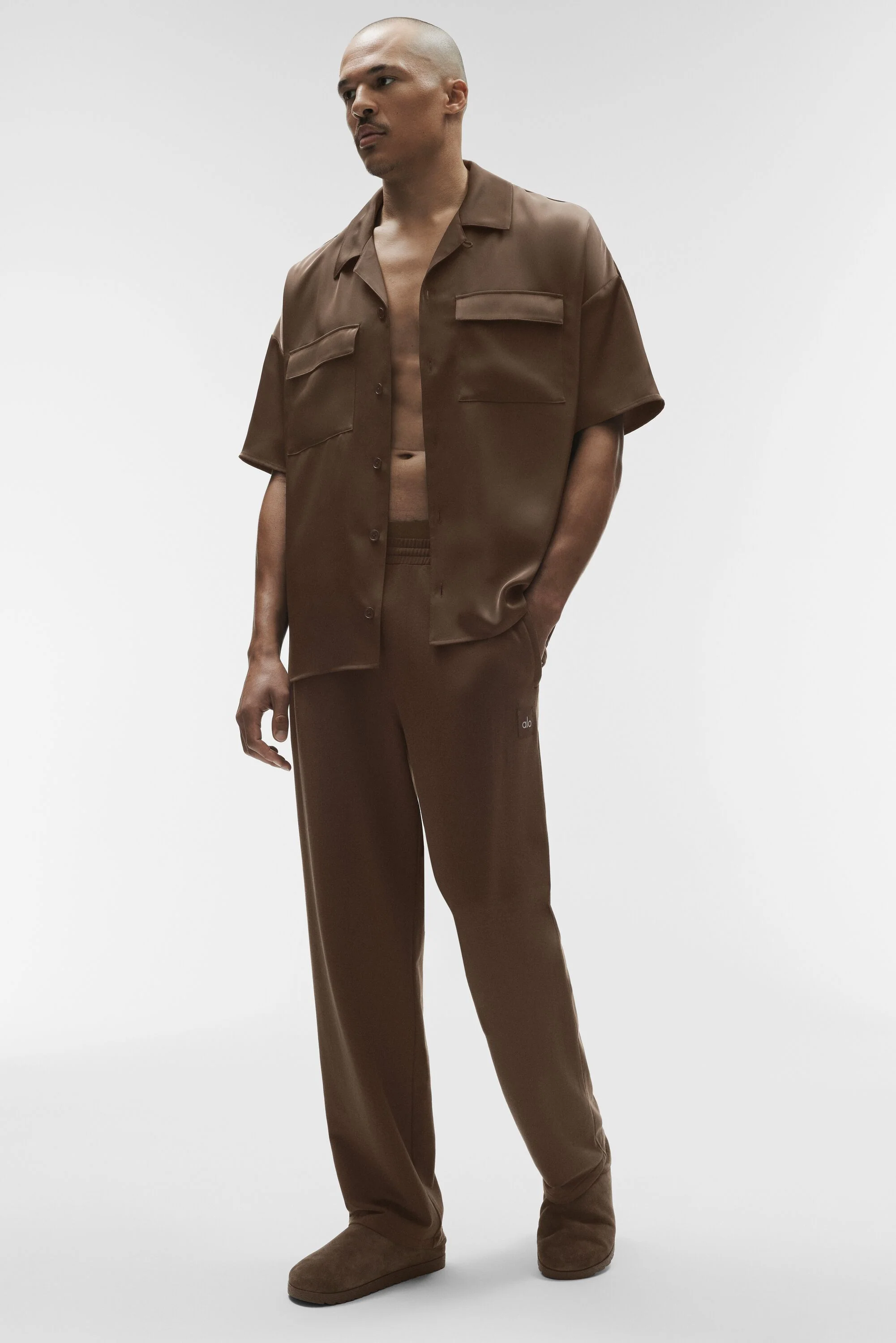 Satin Horizon Short Sleeve Button Up in Espresso