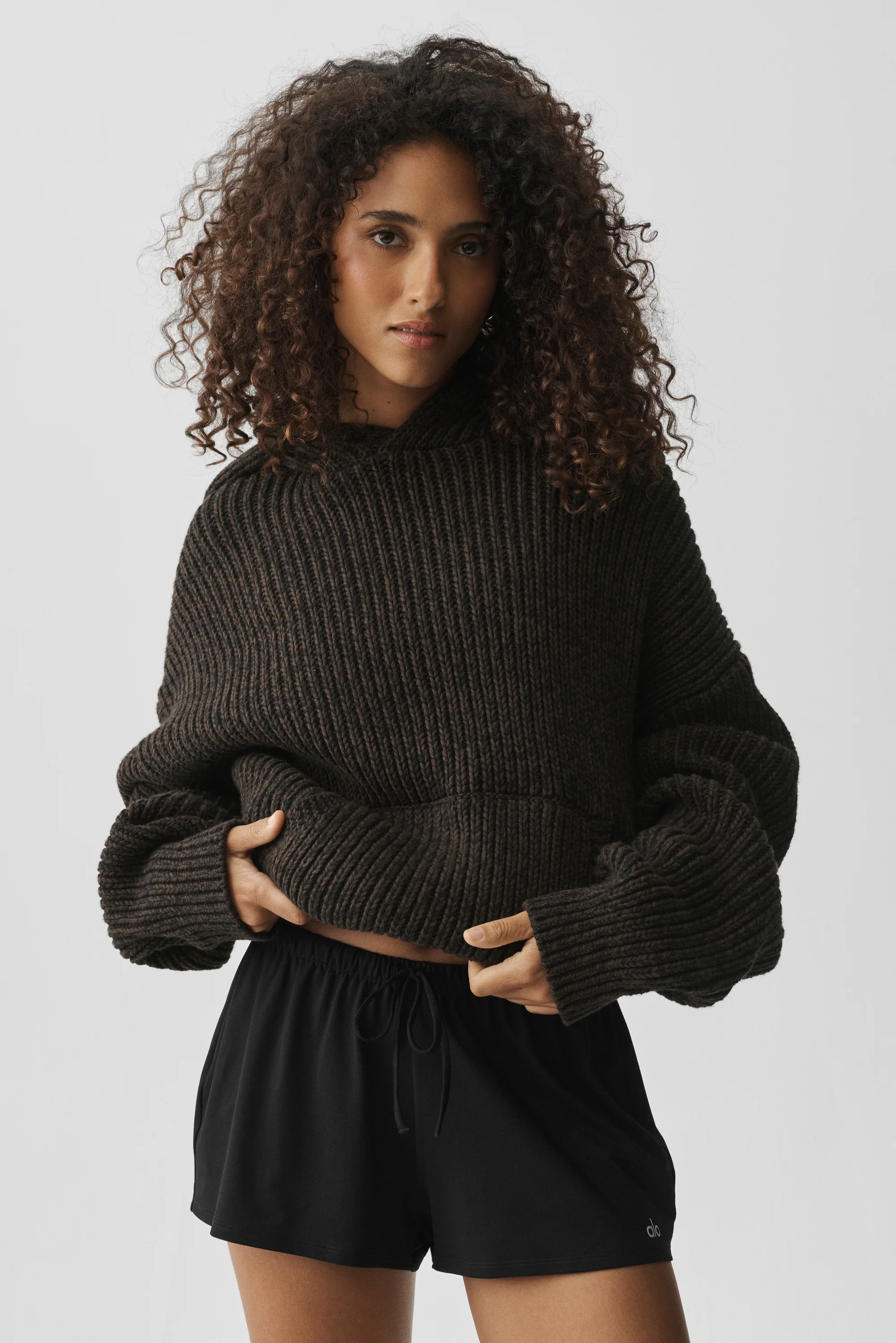Chunky Knit Rewind Hoodie in Espresso Multi Cotton Blend