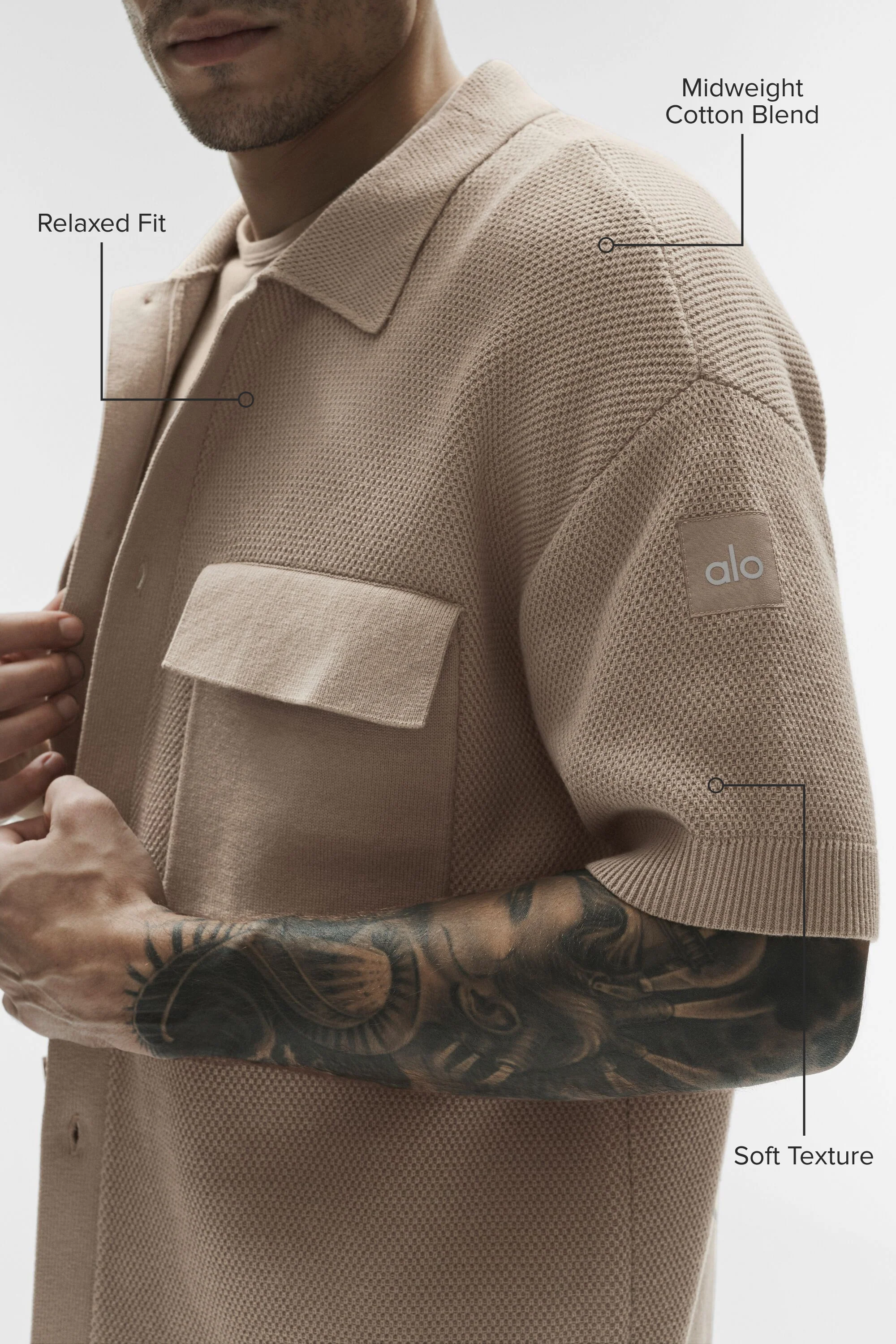 Chemise boutonnée à manches courtes en maille pull Sports Club coloris Gravel