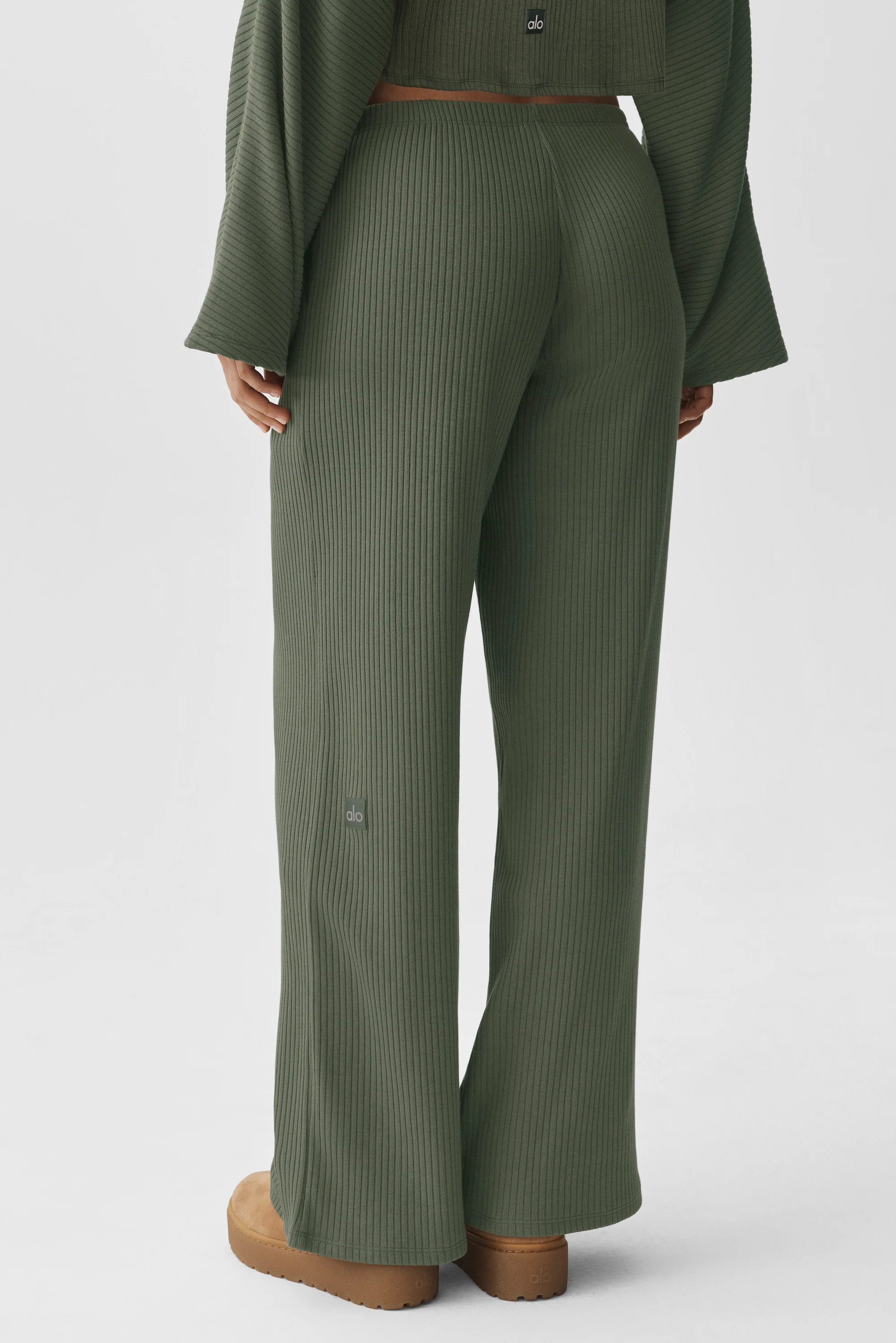 Ribbed Mid-Rise Reset Pant in Bamboo Green, Straight Leg