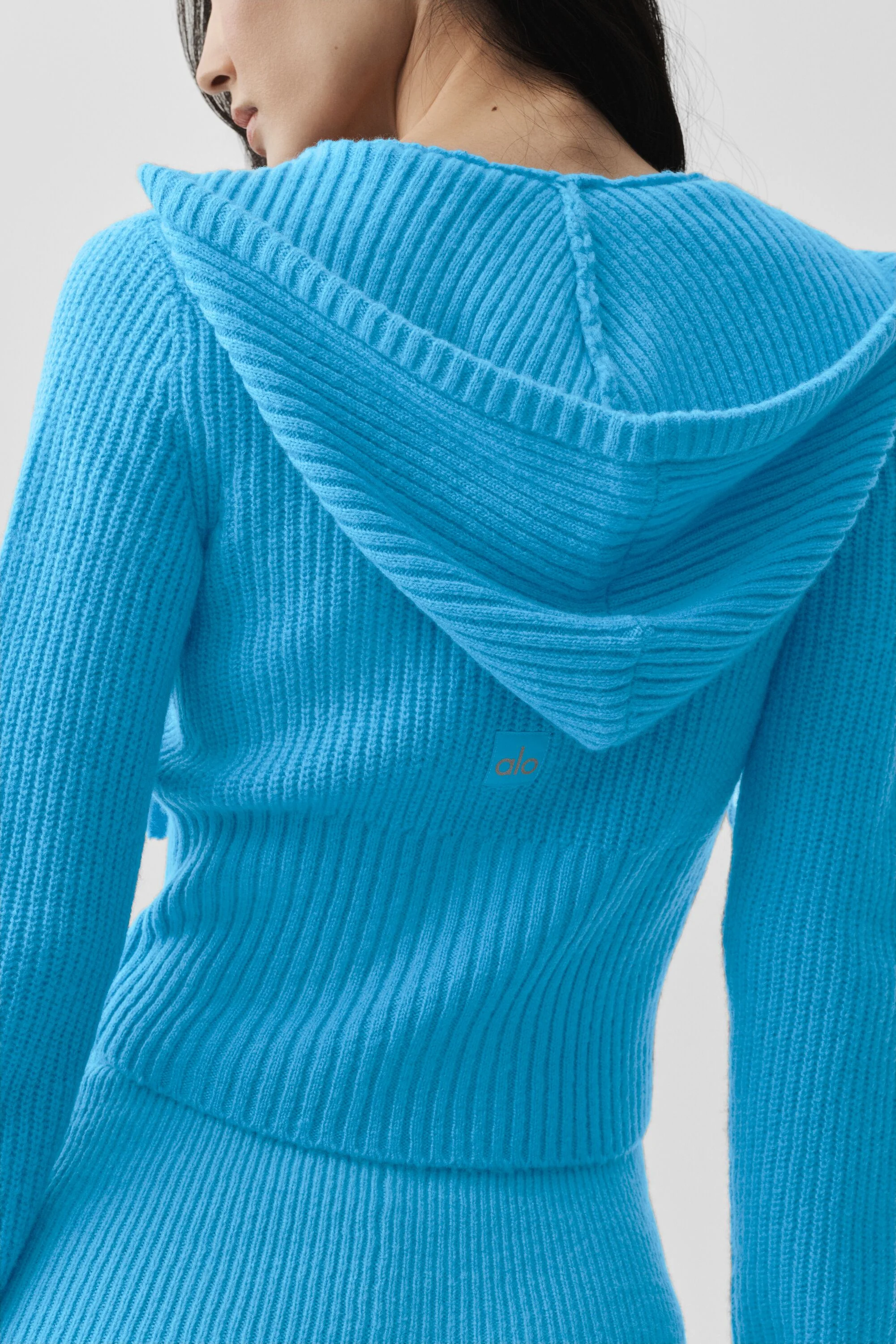 Wool Cashmere Ribbed Noble Full Zip Hoodie in Azure Blue