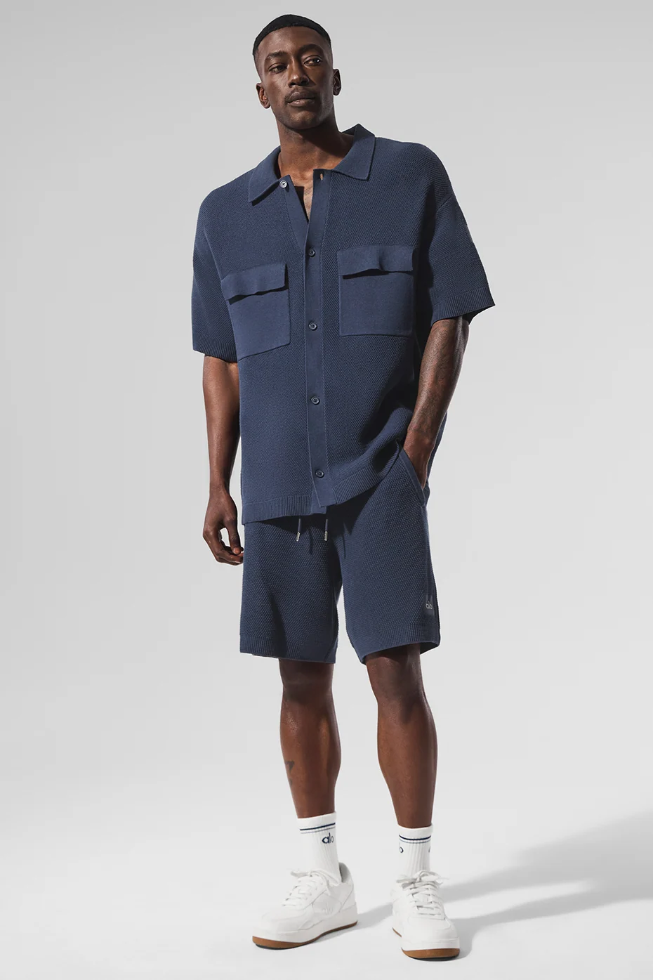 Sports Club Sweater Knit Short Sleeve Button Up in Navy