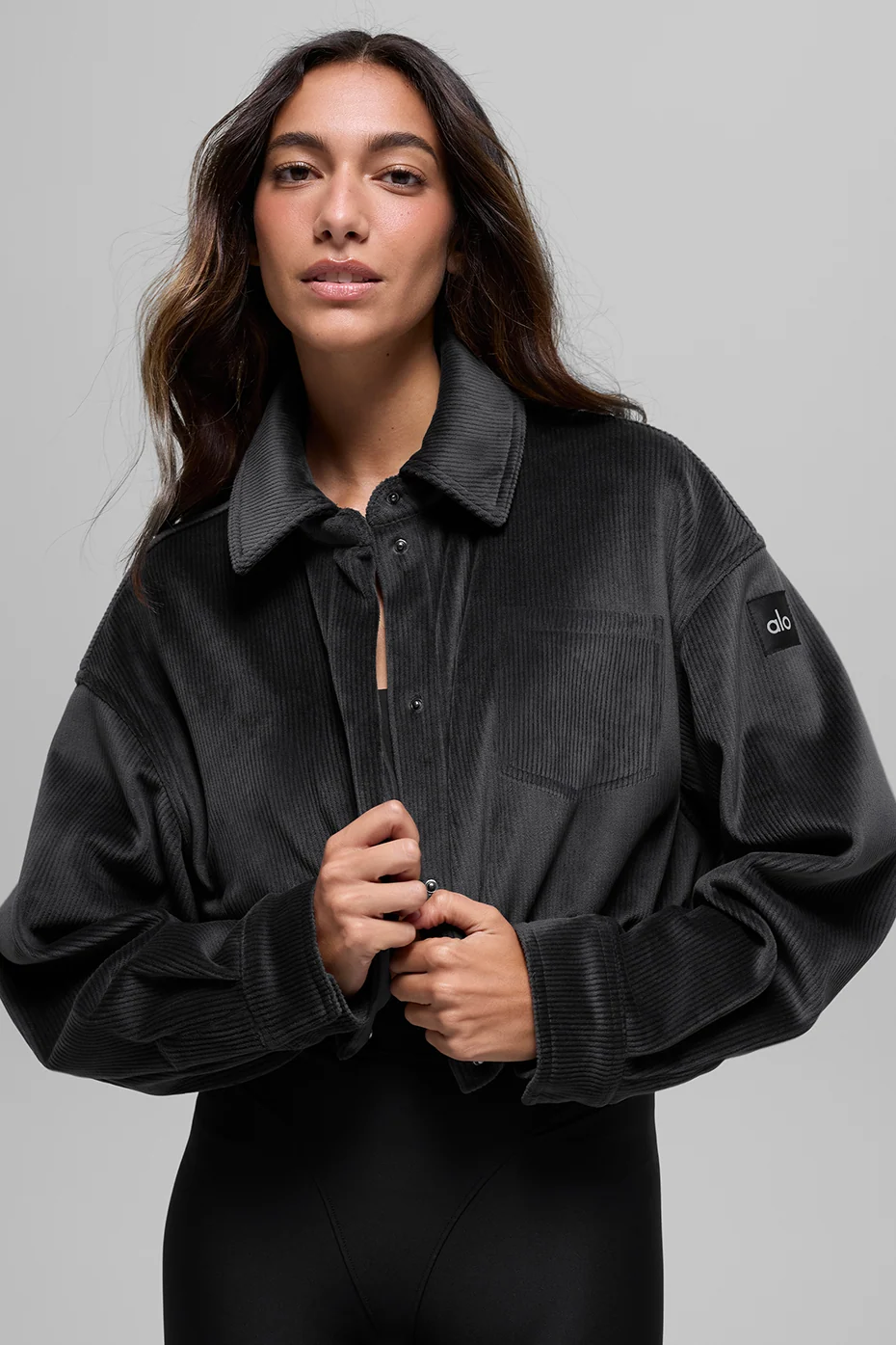 Ribbed Velour Cropped Mountain Side Jacket in Black