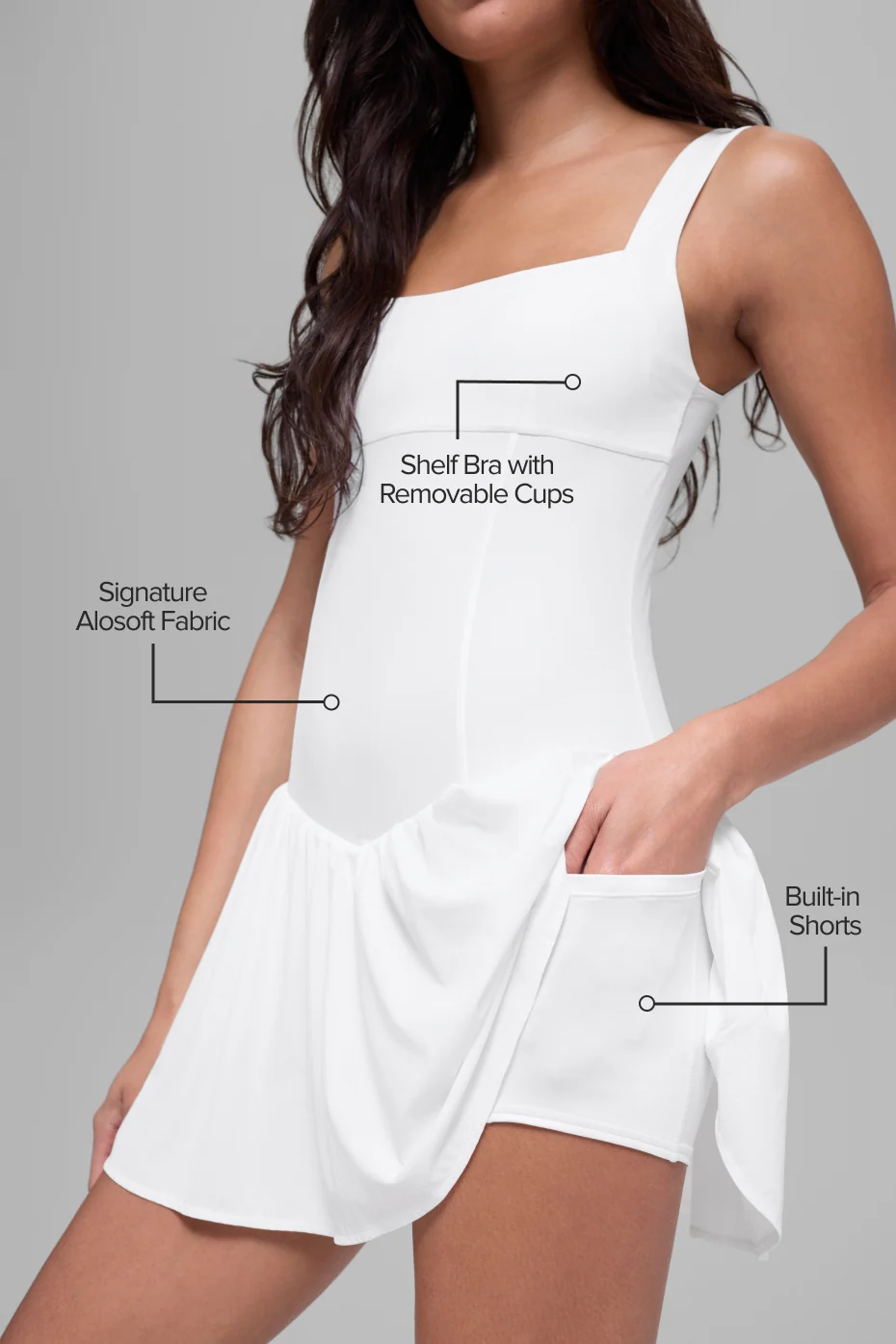 Alosoft Break Point Tennis Dress in White with Built-In Shorts