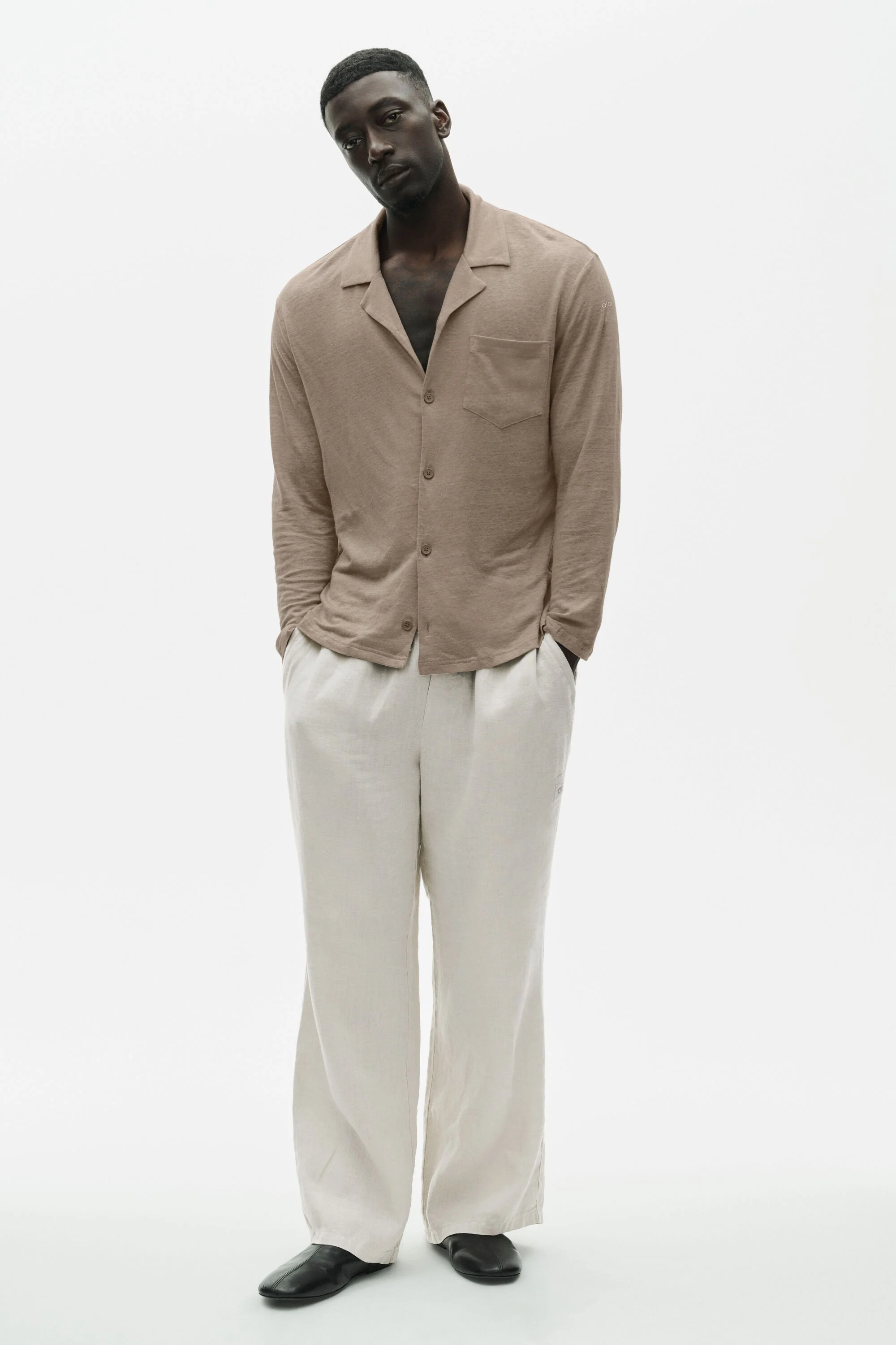 Chemise en lin jersey Coastal à manches longues et boutons pour homme en coloris Gravel