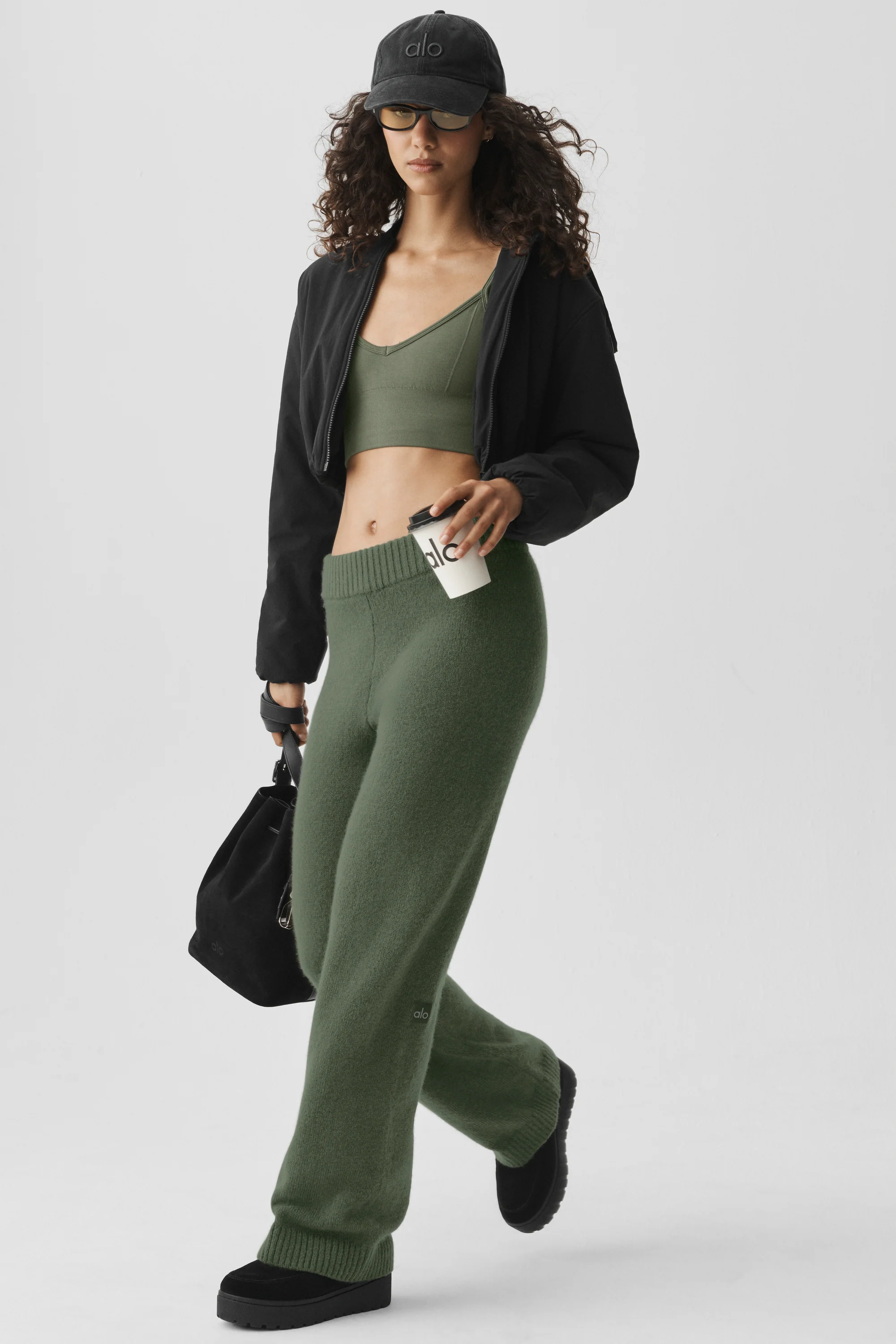 Wool Cashmere High-Waist New Class Wide Leg Pant in Bamboo Green