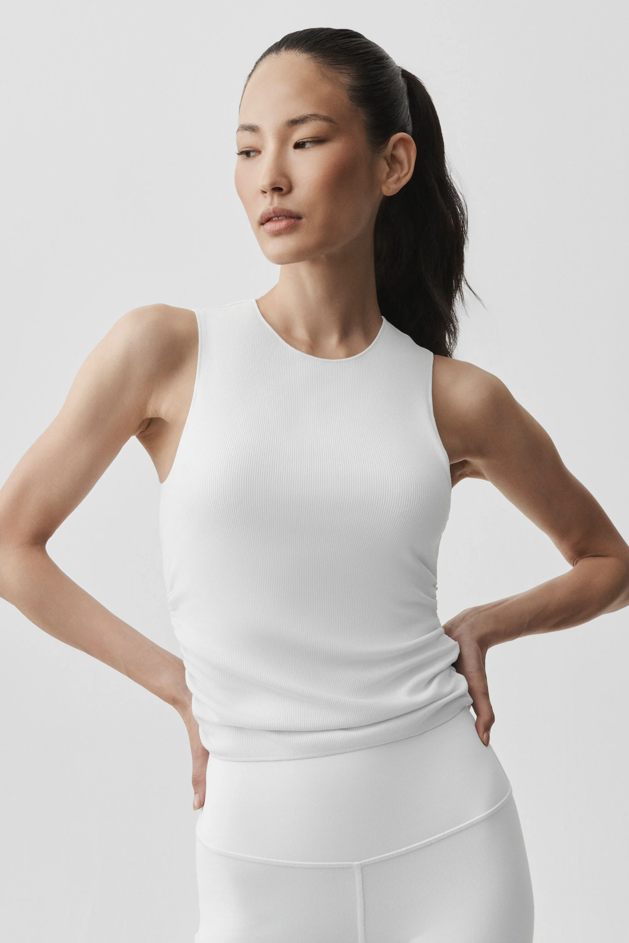 Ribbed En Pointe Tank in White with Built-In Shelf Bra