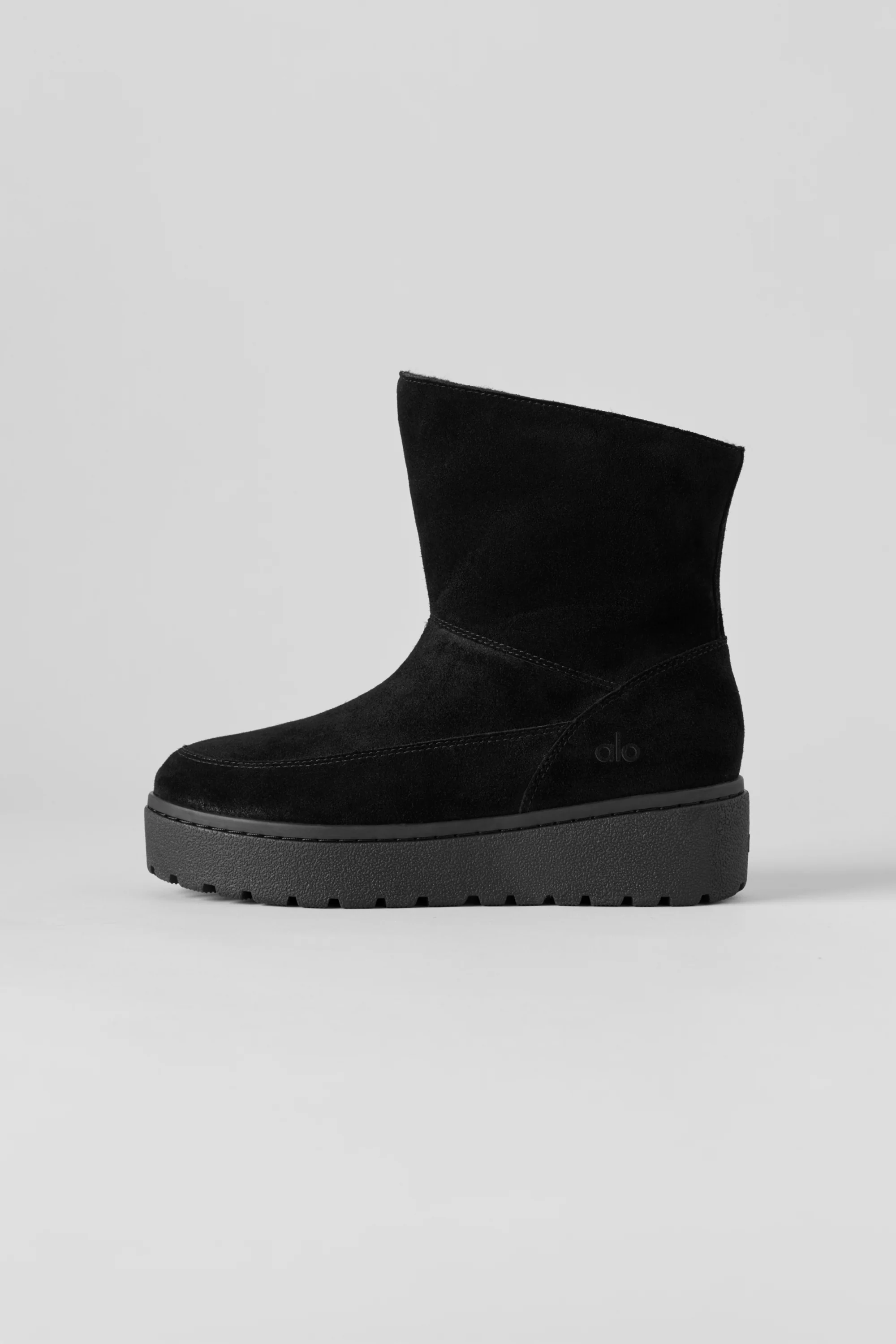 ALO Malibu Boot in Black Suede With Platform Wedge and Faux Fur