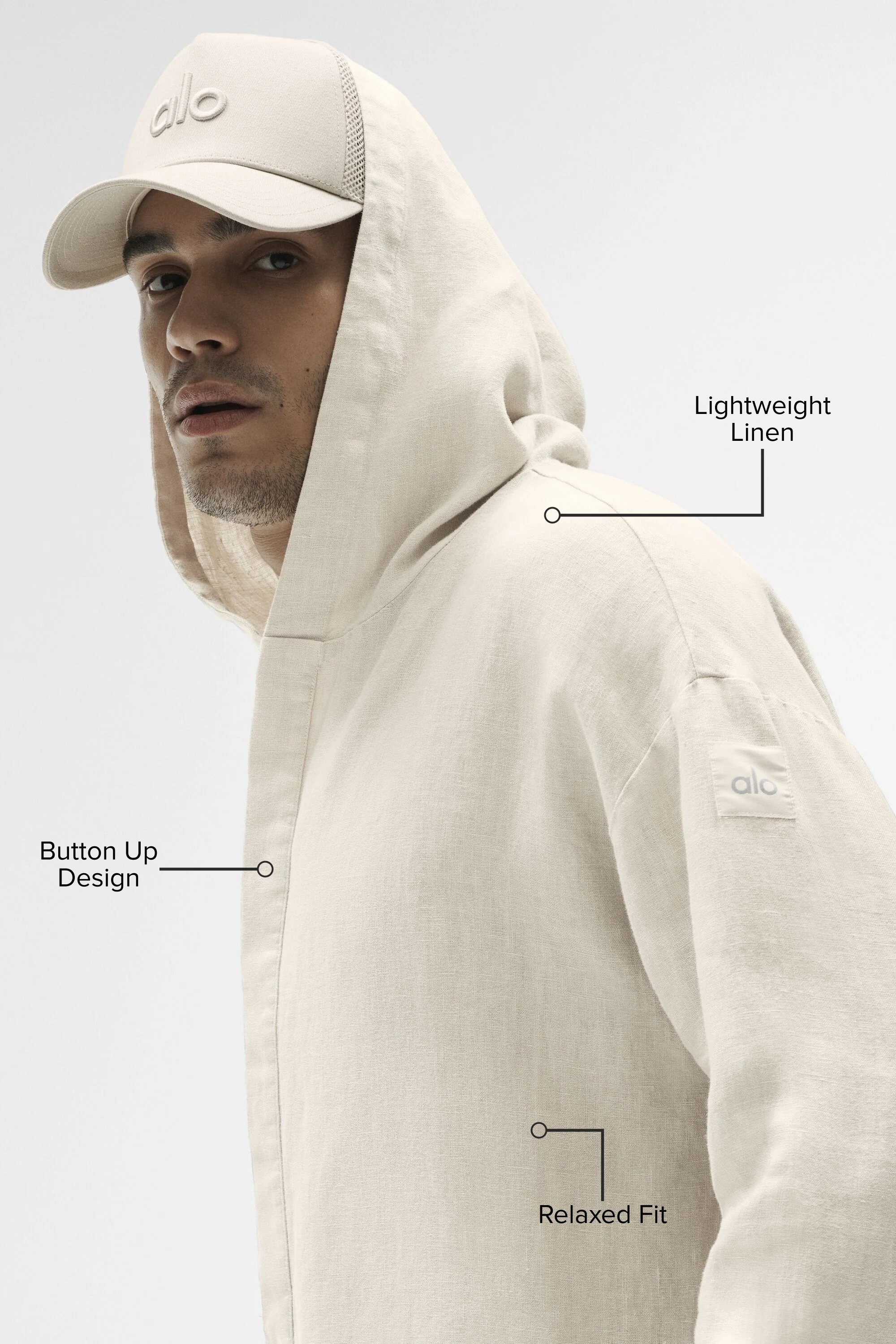 Sweat à capuche boutonné Linen Days en Bone, couche légère en lin