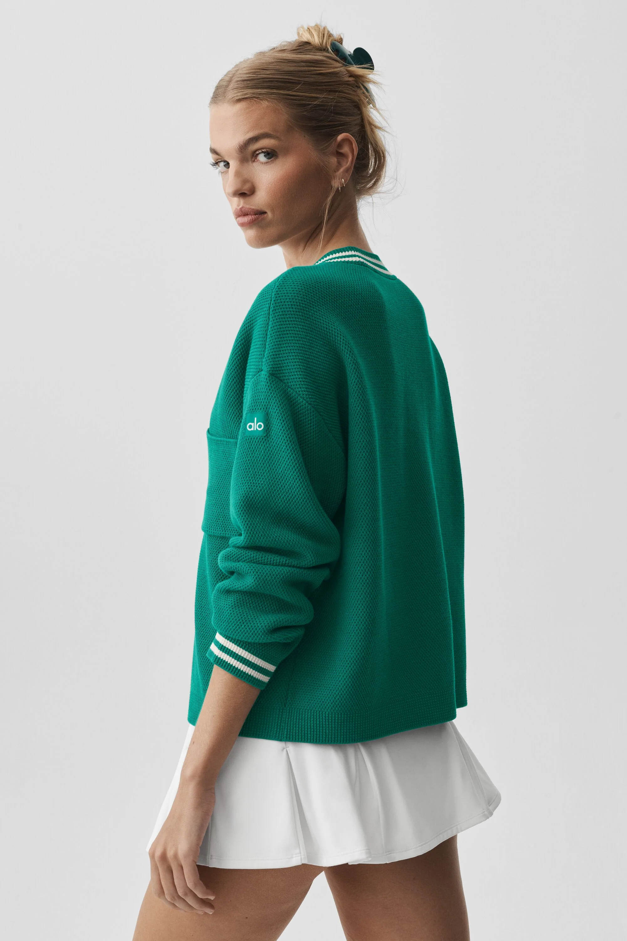 Tennis Club Sweater Knit Cardigan in Emerald Isle and Ivory