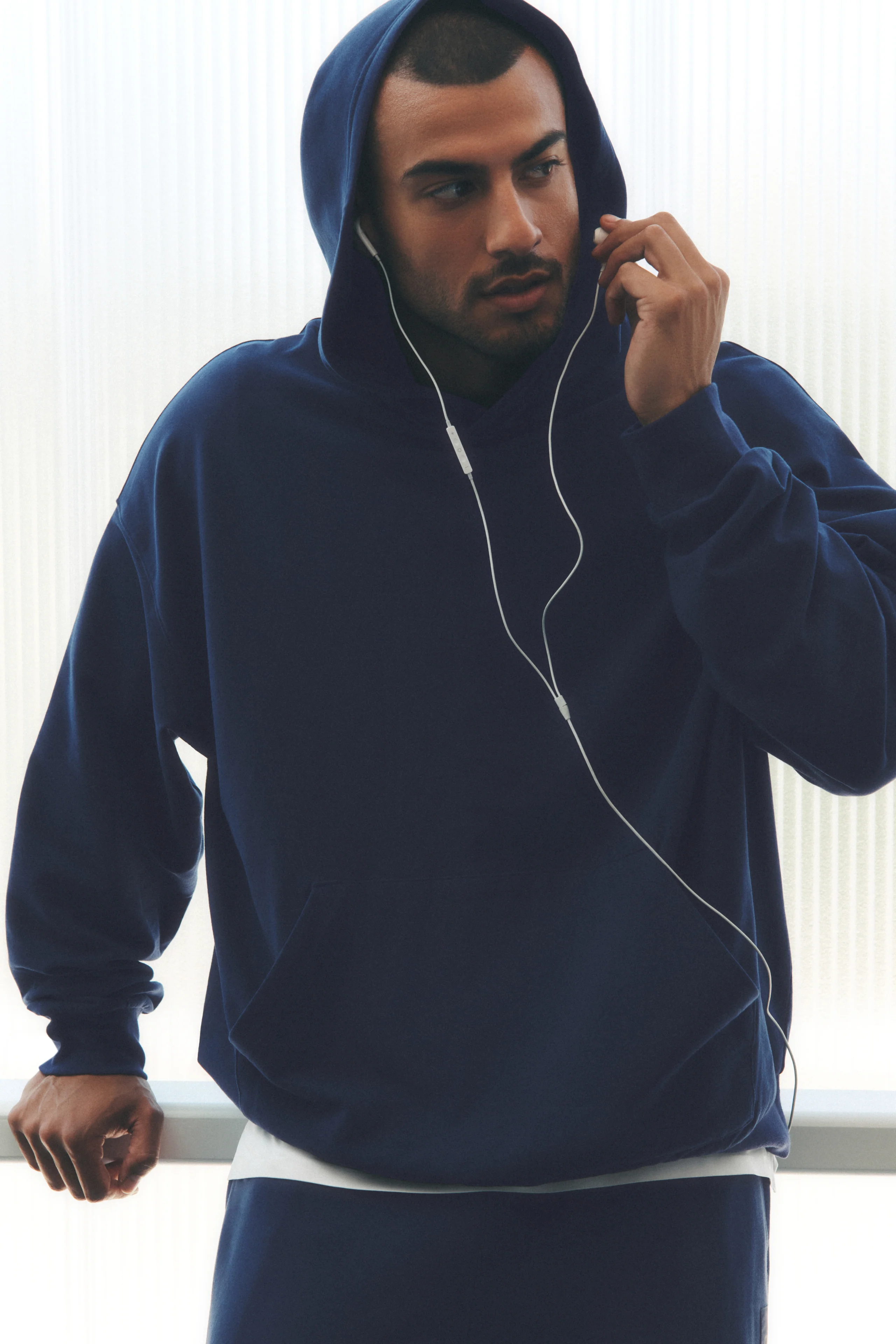 Double Take Hoodie in Navy with Dropped Shoulders and Kangaroo Pocket