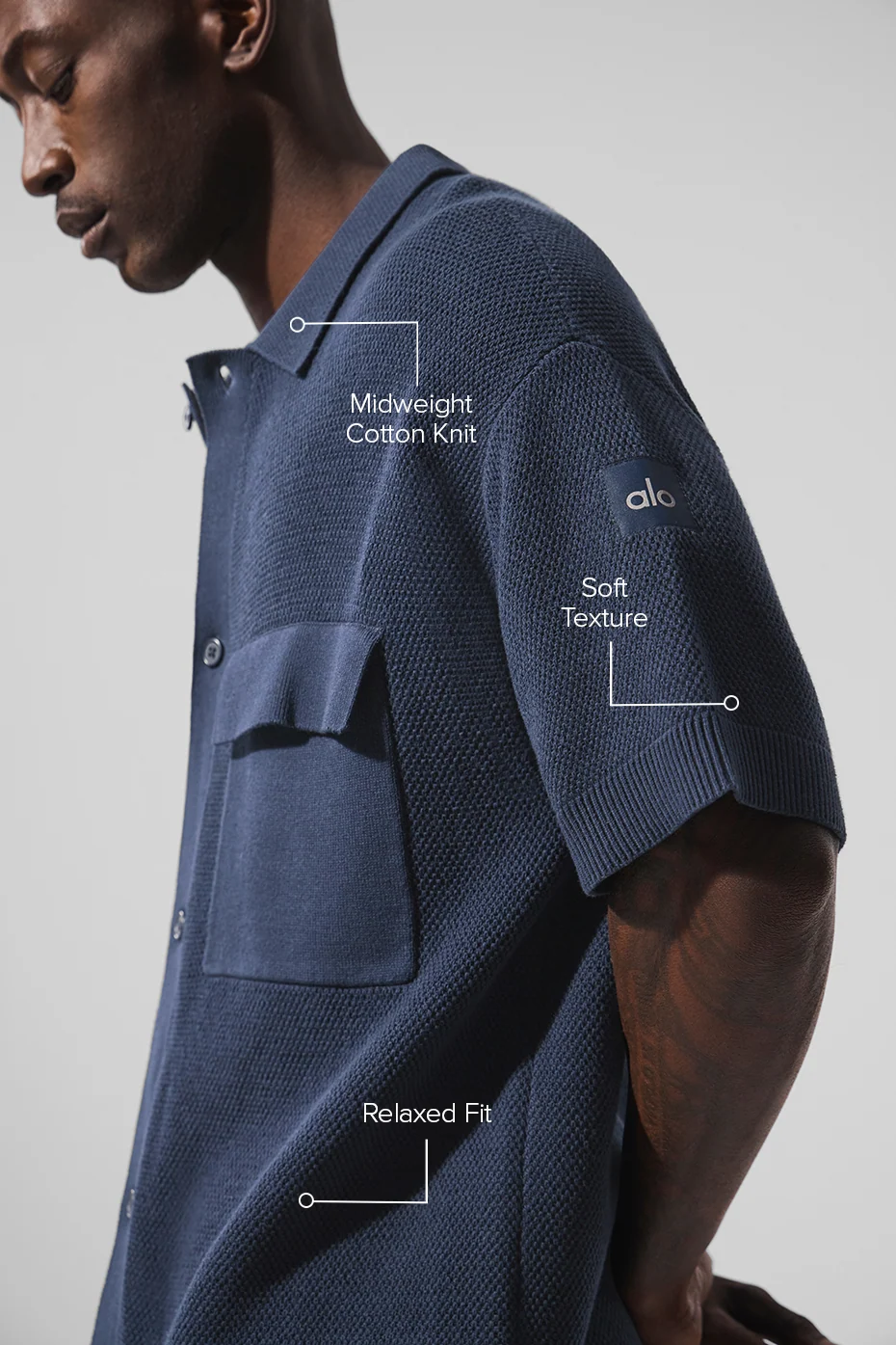 Sports Club Sweater Knit Short Sleeve Button Up in Navy