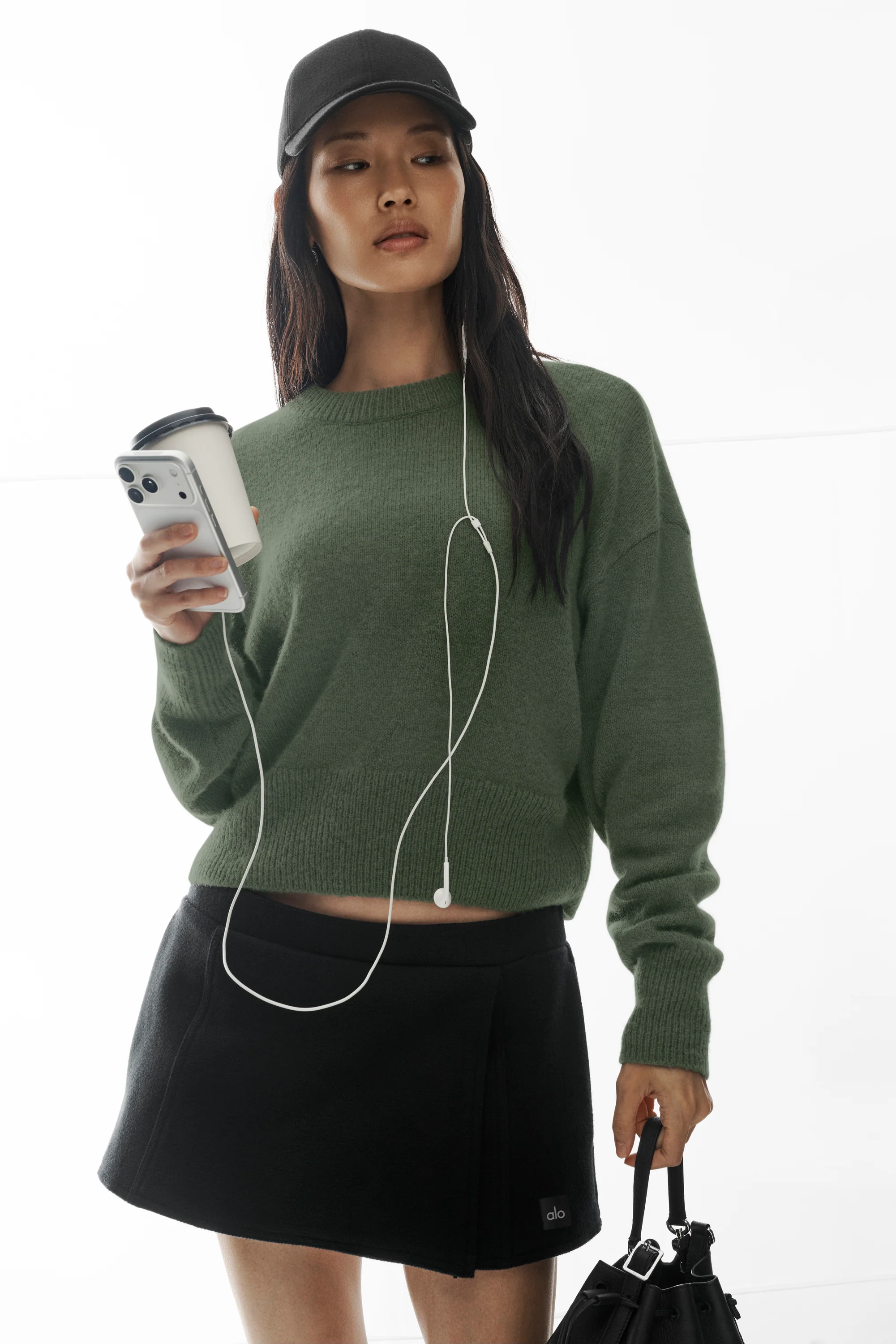 Wool Cashmere Cropped New Class Crewneck Sweater in Bamboo Green