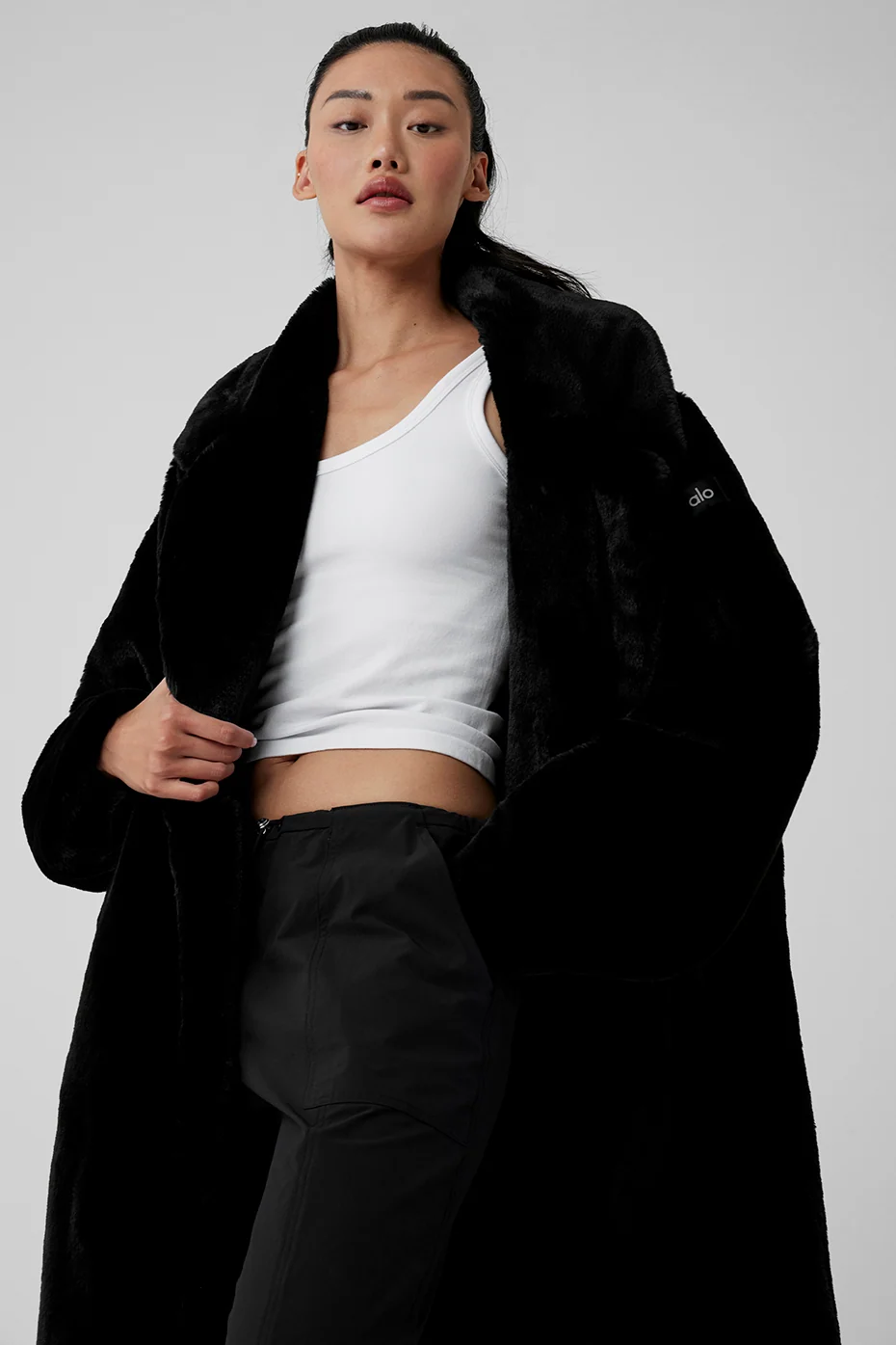 Oversized Faux Fur Trench in Black with Notched Collar