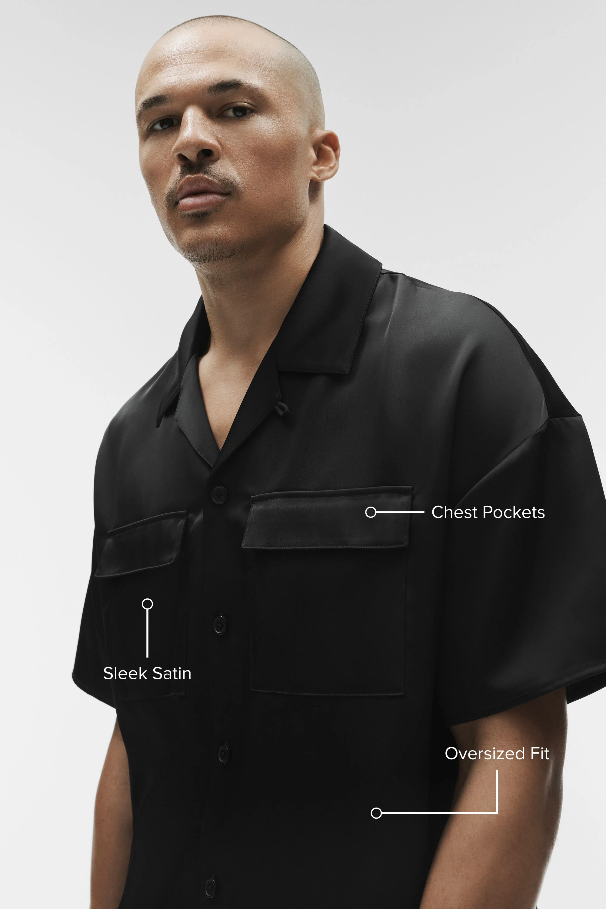 Chemise à manches courtes Satin Horizon boutonnée en noir
